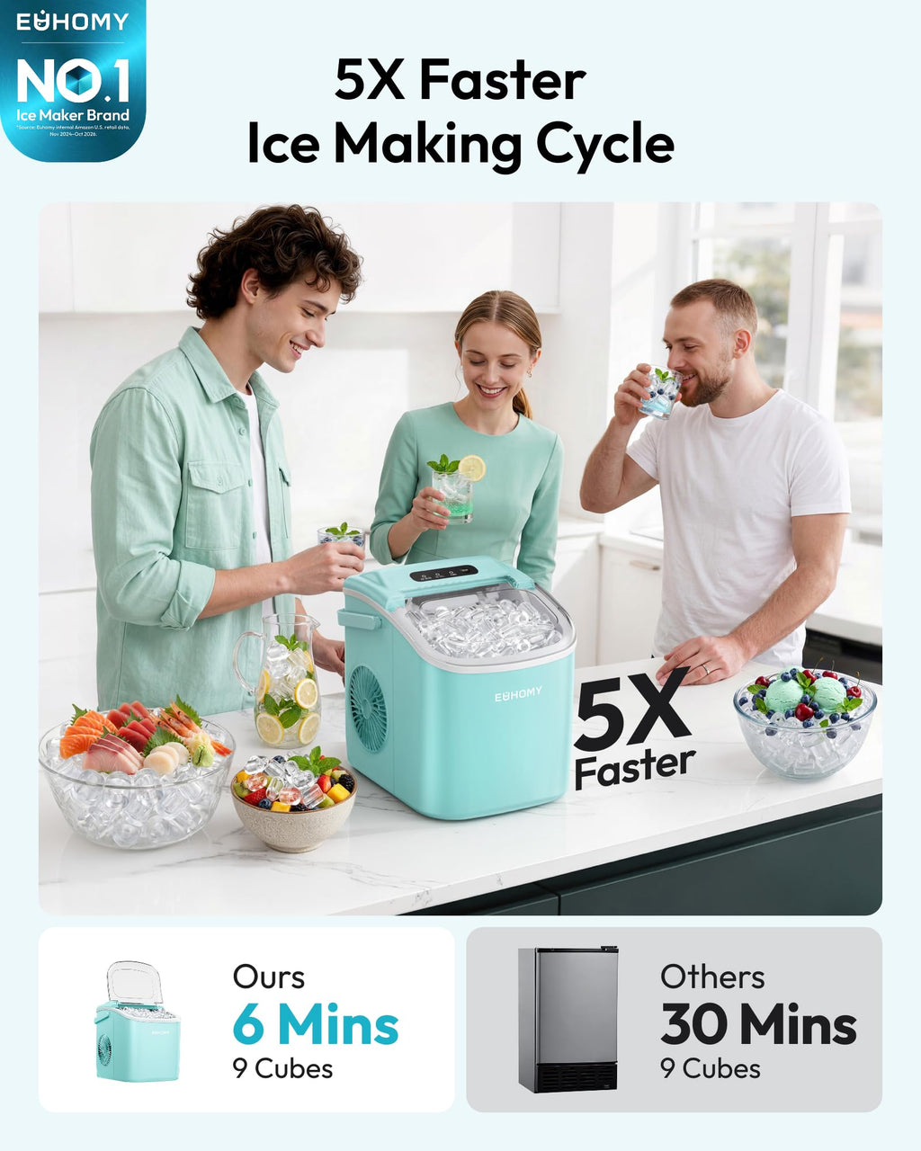 EUHOMY Countertop Ice Maker Machine with Handle, 26lbs in 24Hrs, 9 Ice Cubes Ready in 6 Mins, Auto-Cleaning Portable Ice Maker with Basket and Scoop, for Home/Kitchen/Camping/RV. (Black)