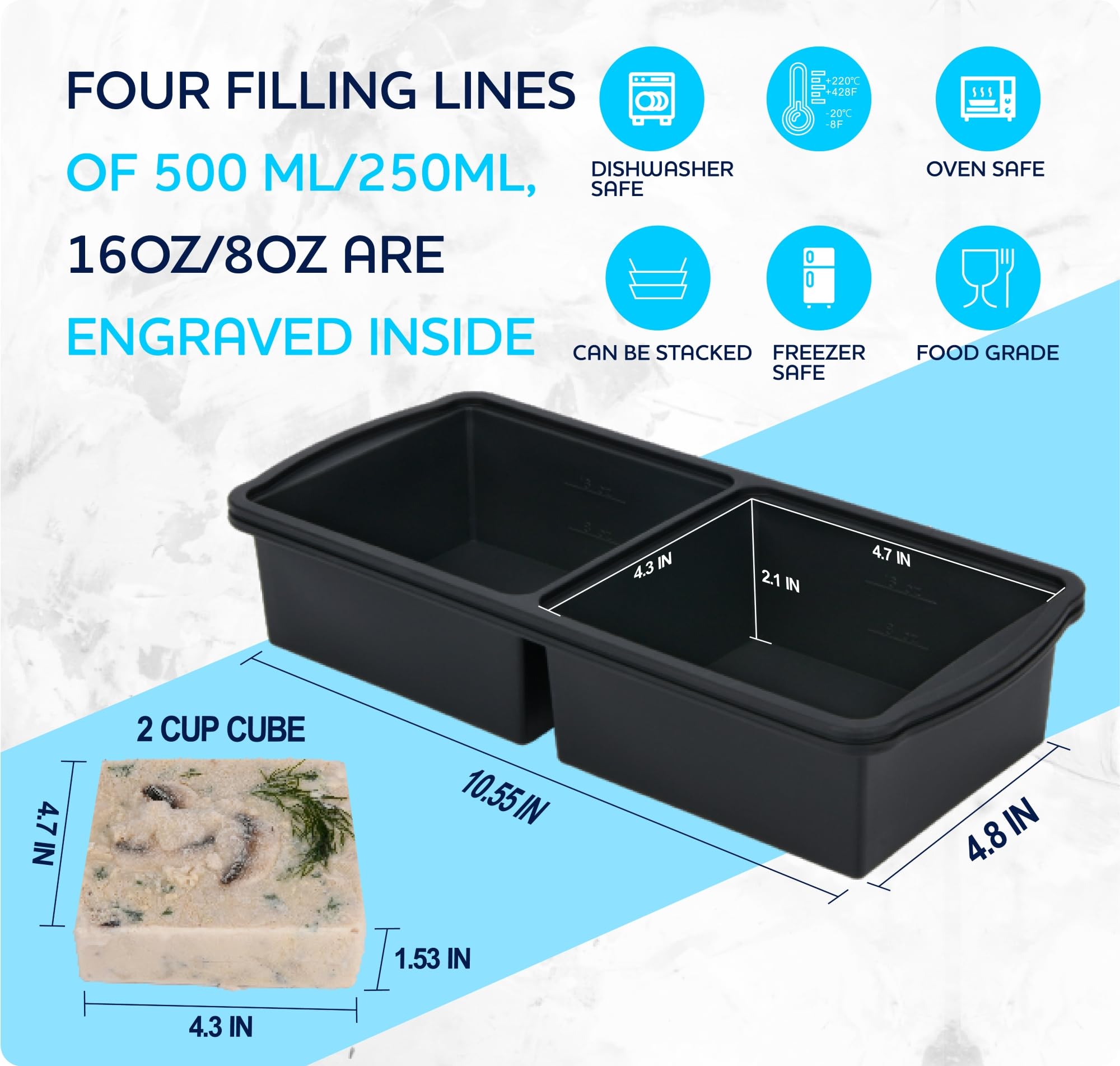 ZIP STANDING Silicone Freezer Trays with Lid,1-cup Soup Freezer Container large Ice Cube Molds with Reinforced Steel Ring Top for freezing Soup Sauce Broth Leftovers oven Dishwasher -Safe(2-Pack)