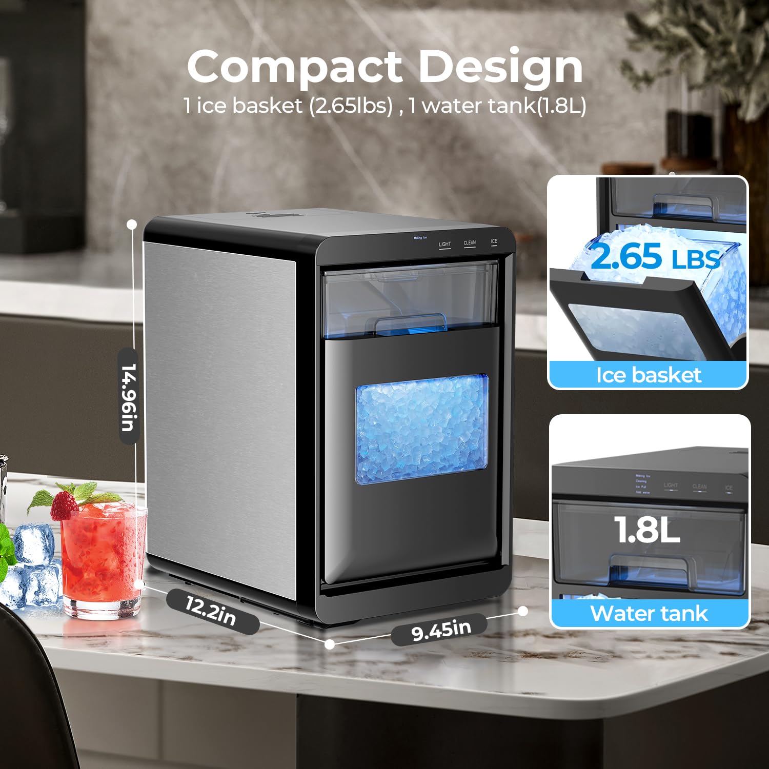 Countertop Ice Maker Machine, 8 Ice Cubes in 6 mins, 26lb/Day Ice with 2 Sizes- Portable Mini, Energy Saving & Basket/Scoop for Home/Party/Travel/Camping/Bar,Black