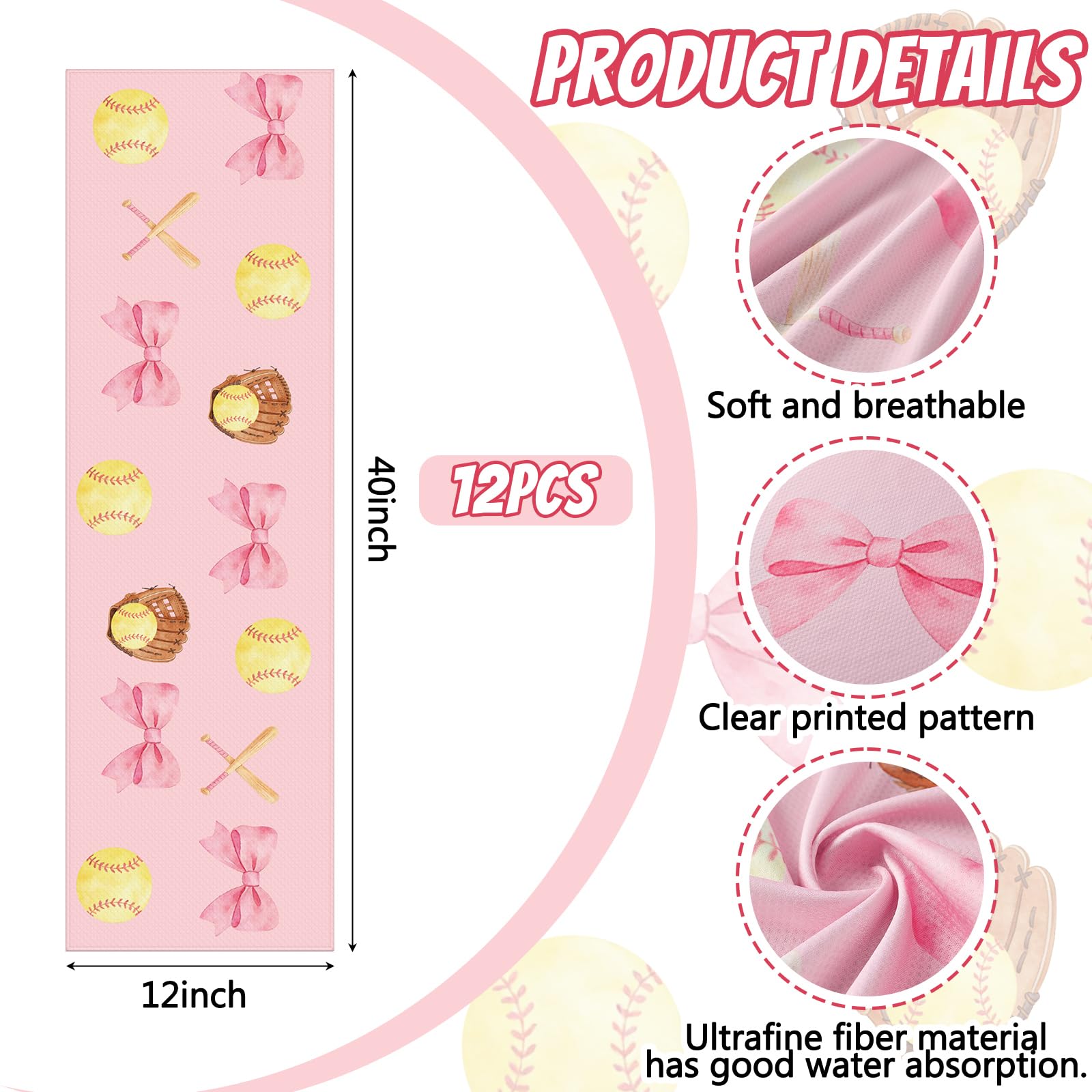 Tegeme 12 Counts Baseball Ice Cream Cooling Towels 40"x12" Sports Breathable Chilly Ice Fast Drying Towel Cool Training Sweat Rag for Coach Sport Party Favors Team Gift