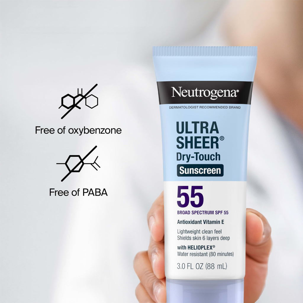 Neutrogena, Ultra Sheer Dry-Touch Sunscreen SPF 55 for Face and Body, Lightweight Non Greasy Broad Spectrum Uva/Uvb Protection, No White Cast, Water Resistant (80 Min) Travel Sunscreen Lotion, 88.7 mL