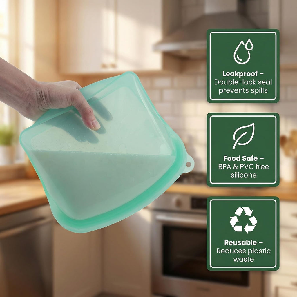 Reusable Silicone Food Storage Bags (Set of 4) - Leakproof Airtight Stand Up Bags for Freezer & Microwave - BPA Free Eco-Friendly Ziplock Bags for Meal Prep, Snacks & Fruit Storage