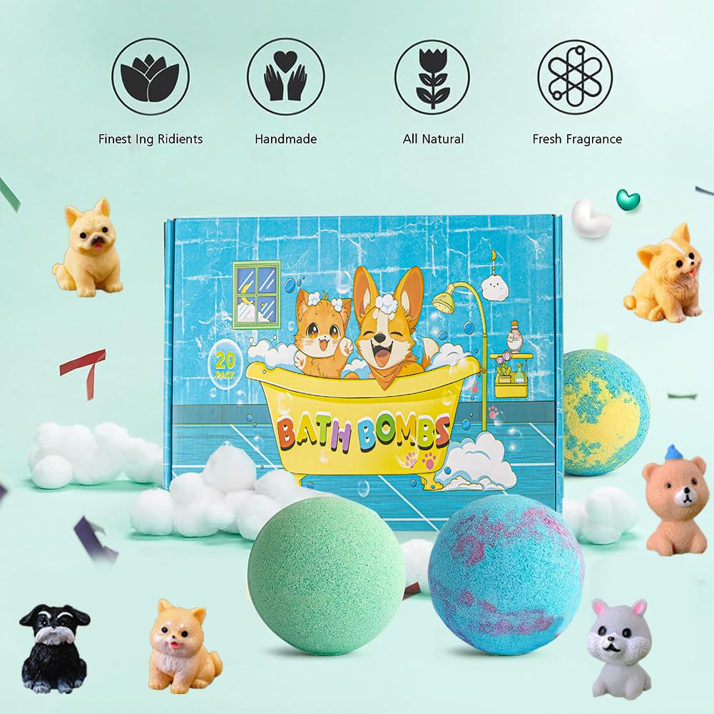 Kids Bath Bombs with Surprise Inside, 20 Pack Bring Dog and cat Toys Gift Set, Natural Organic Bubble Bath Foam Bath