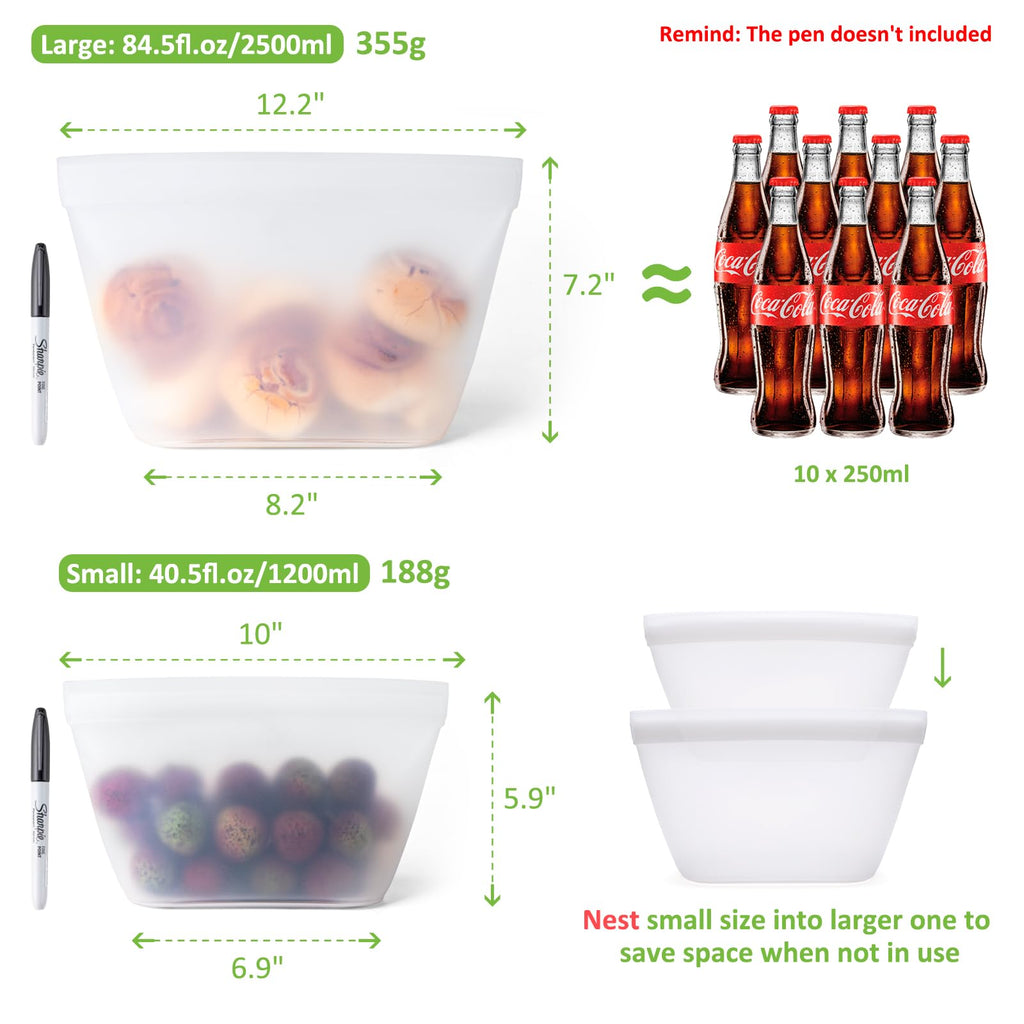 Silicone Bags for Food Storage, Reusable Zip Lock Bags Silicone Food Storage Containers, Freezer Microwave Oven Dishwasher Safe, Plastice BPA-Free 5 Pack (40oz 20oz 12oz 17oz 34oz)