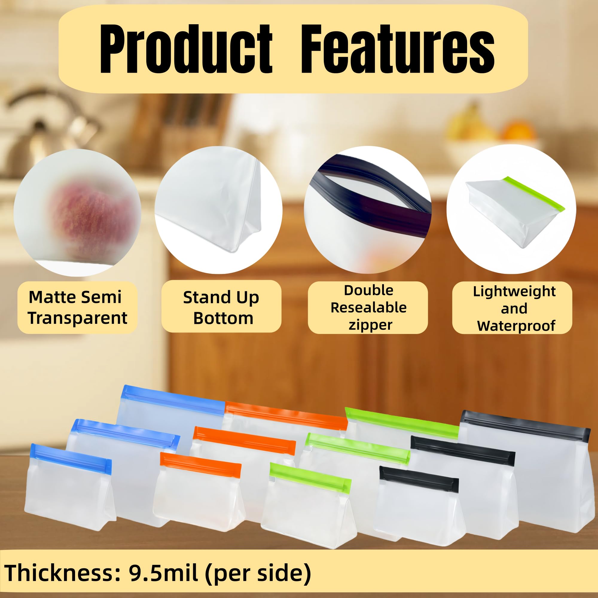 PABCK 9 Pcs Reusable Silicone Produce Freezer Bags Self Seal Green 3S+3M+3L | Stand Up Freezer Food Storage Bags Leakproof Resealable Bag for Sandwich Smell Proof Fridge Organization for Lunch Travel