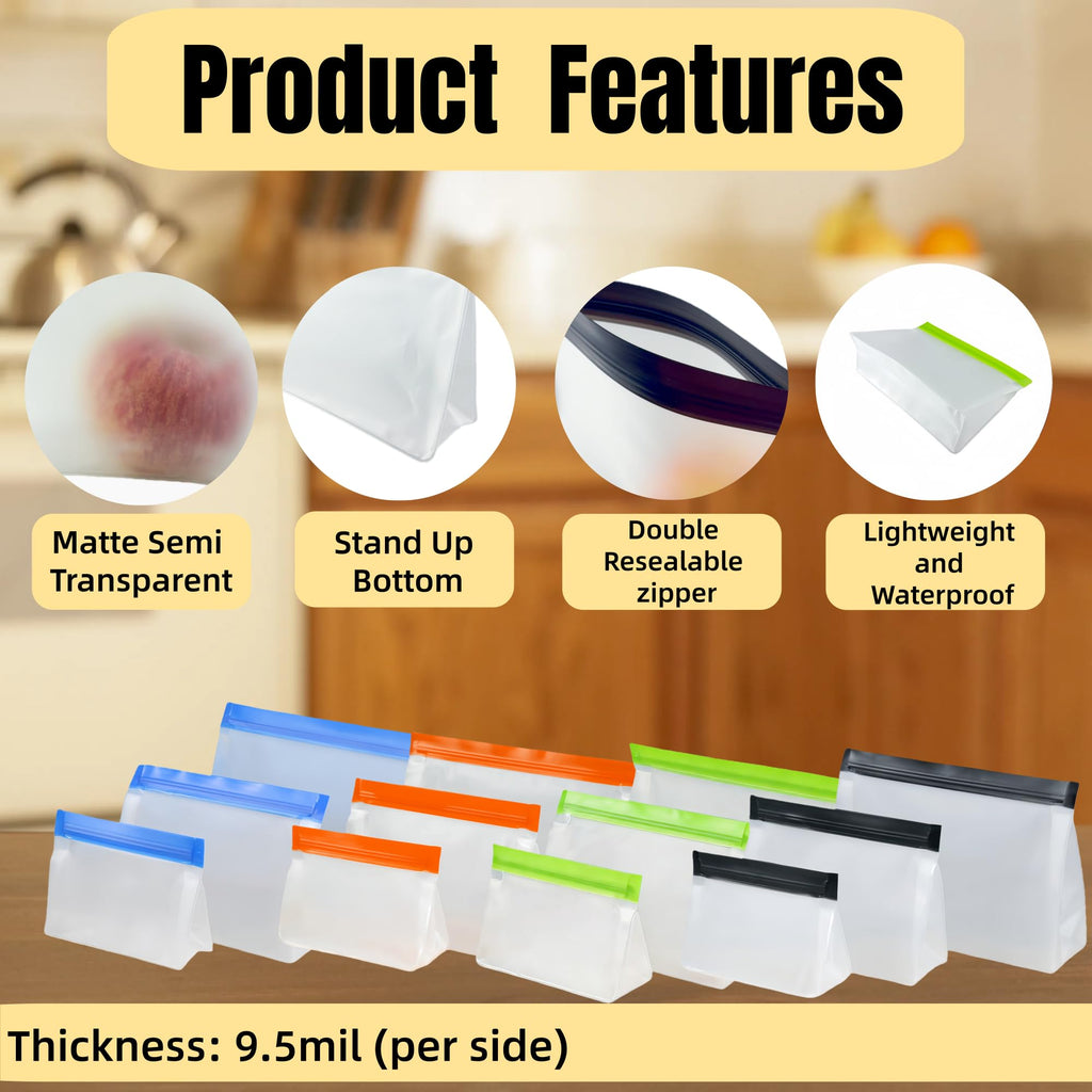 PABCK 9 Pcs Reusable Silicone Produce Freezer Bags Self Seal Green 3S+3M+3L | Stand Up Freezer Food Storage Bags Leakproof Resealable Bag for Sandwich Smell Proof Fridge Organization for Lunch Travel