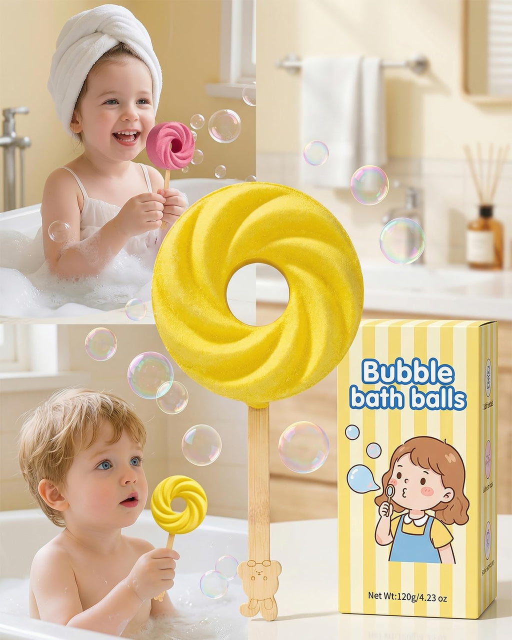 Cute Lollipop Bath Bomb – Colorful Bubble Bath Ball for Fun Baths Time Bubbly Splash Surprise Buddies Foaming Magic Baths Bombs Lollipop Toys Balls Surprise Foam Blow Bubbles Gift Bathroom (2pcs)