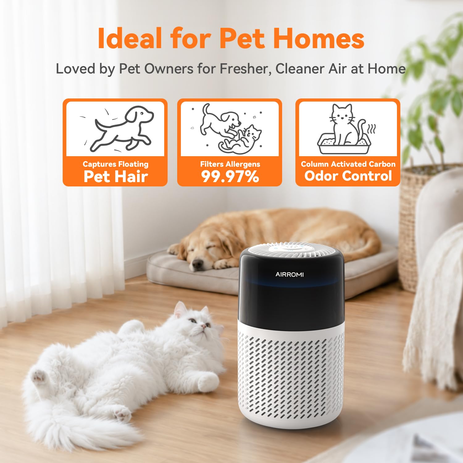 AIRROMI HEPA Air Purifier for Bedroom&Home,Pet Air Purifier for Home Pets,Removes Pet Odor,Cat Litter Smell,Dust,Smoke&Allergies,Quiet Room Air Purifier with Scents,360°Air Cleaner,A2005 Black