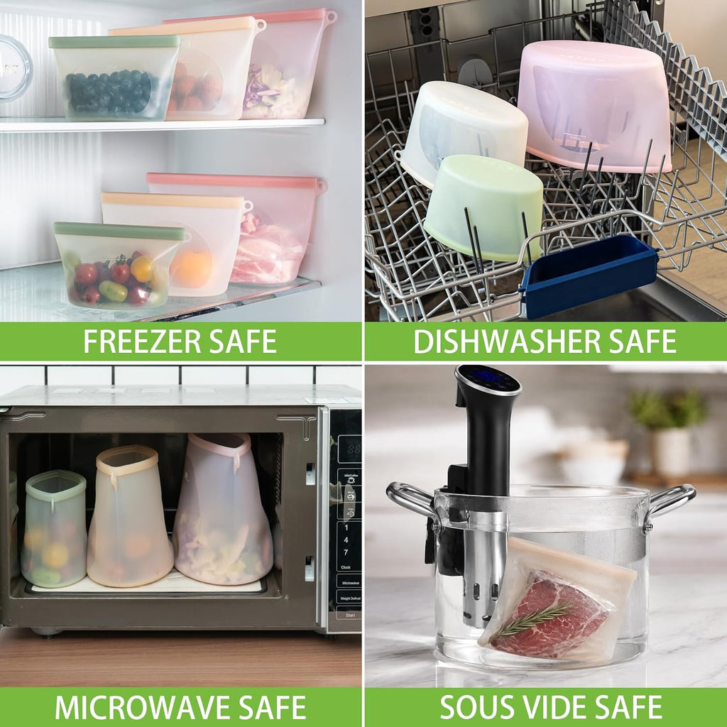 100% Reusable Silicone Bags for Food Storage, 12 Pack Double-Lock Reusable Bags Stand-Up Wide-Mouth Leakproof for Soup, Sous Vide, Freezer Microwave Dishwasher Safe, 4 Half Gallon 4 Sandwich 4 Snack