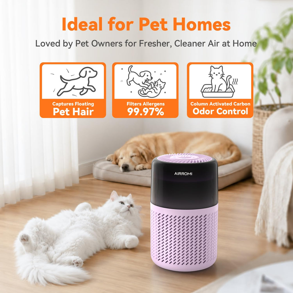AIRROMI HEPA Air Purifier for Bedroom&Home,Pet Air Purifier for Home Pets,Removes Pet Odor,Cat Litter Smell,Dust,Smoke&Allergies,Quiet Room Air Purifier with Scents,360°Air Cleaner,A2005 Black