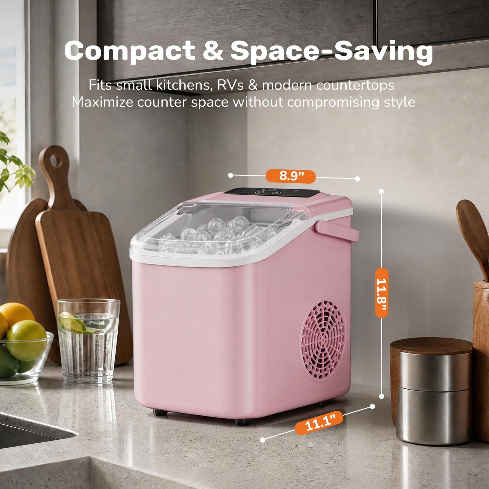 Sweetcrispy Countertop Ice Maker with Scoop, Basket and Handle, Portable Ice Machine 9 Cubes Ready in 6 Mins, 26.5lbs in 24Hrs, 2 Sizes for Home Kitchen Office Bar Party