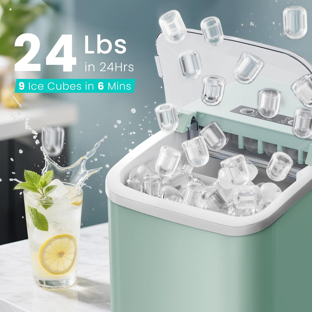 OLIXIS Countertop Ice Maker Machine with Handle, Auto-Cleaning Portable Ice Maker with Basket & Scoop, 26lbs in 24Hrs & 9 Cubes in 6 Mins, 2 Cube Sizes, for Home Party Camping RV, Black