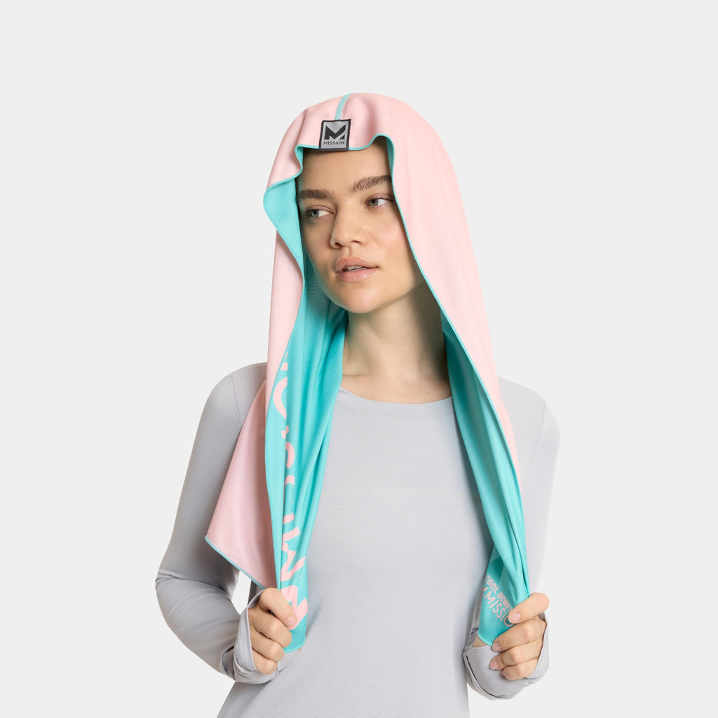 MISSION Reversible Cooling Hoodie Towel- Hood Towel, Cools Instantly When Wet, UPF 50 Sun Protection, Contours Your Head to Stay in Place, Great for Sports, Fitness, Gym (Pink Mint)