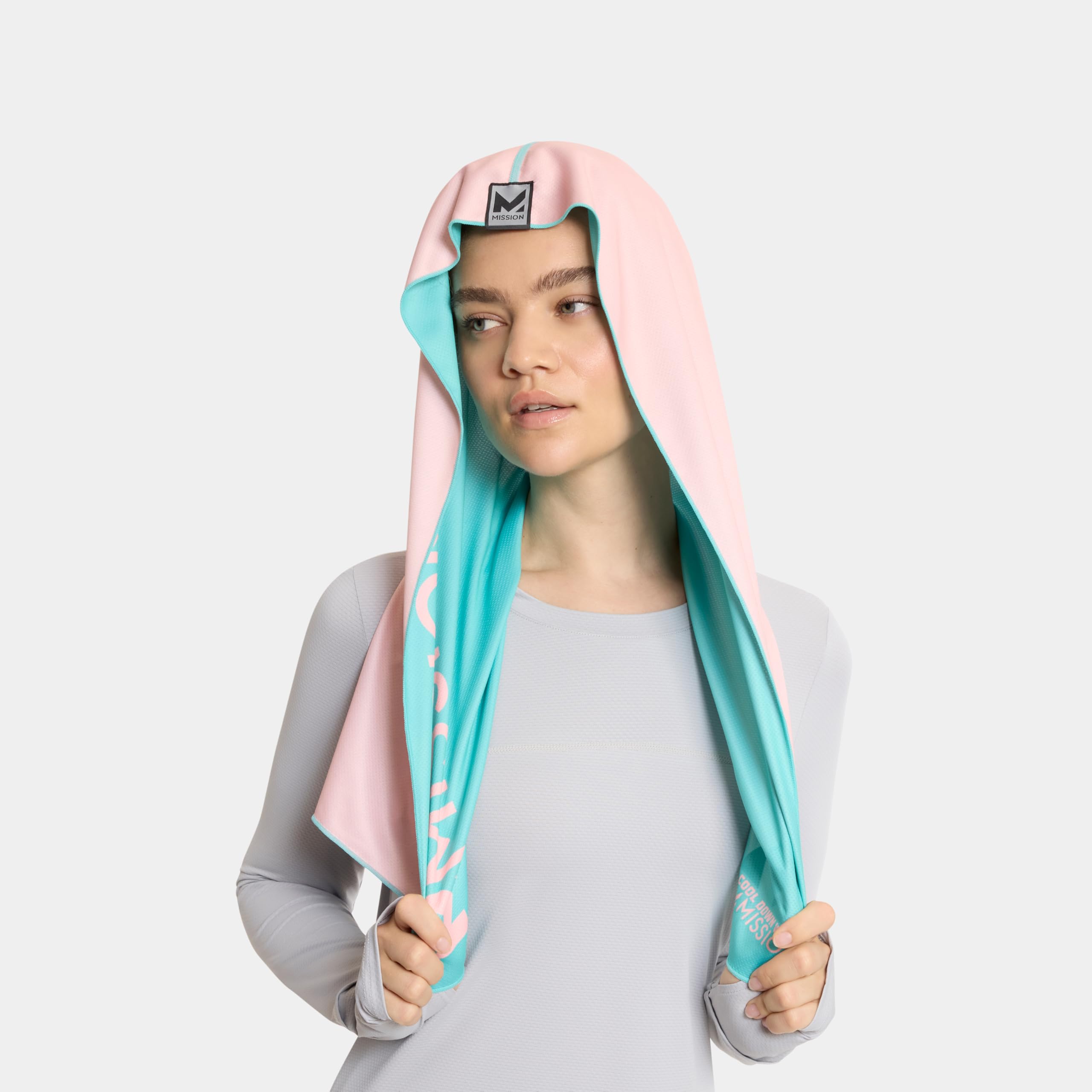 MISSION Reversible Cooling Hoodie Towel- Hood Towel, Cools Instantly When Wet, UPF 50 Sun Protection, Contours Your Head to Stay in Place, Great for Sports, Fitness, Gym (Pink Mint)
