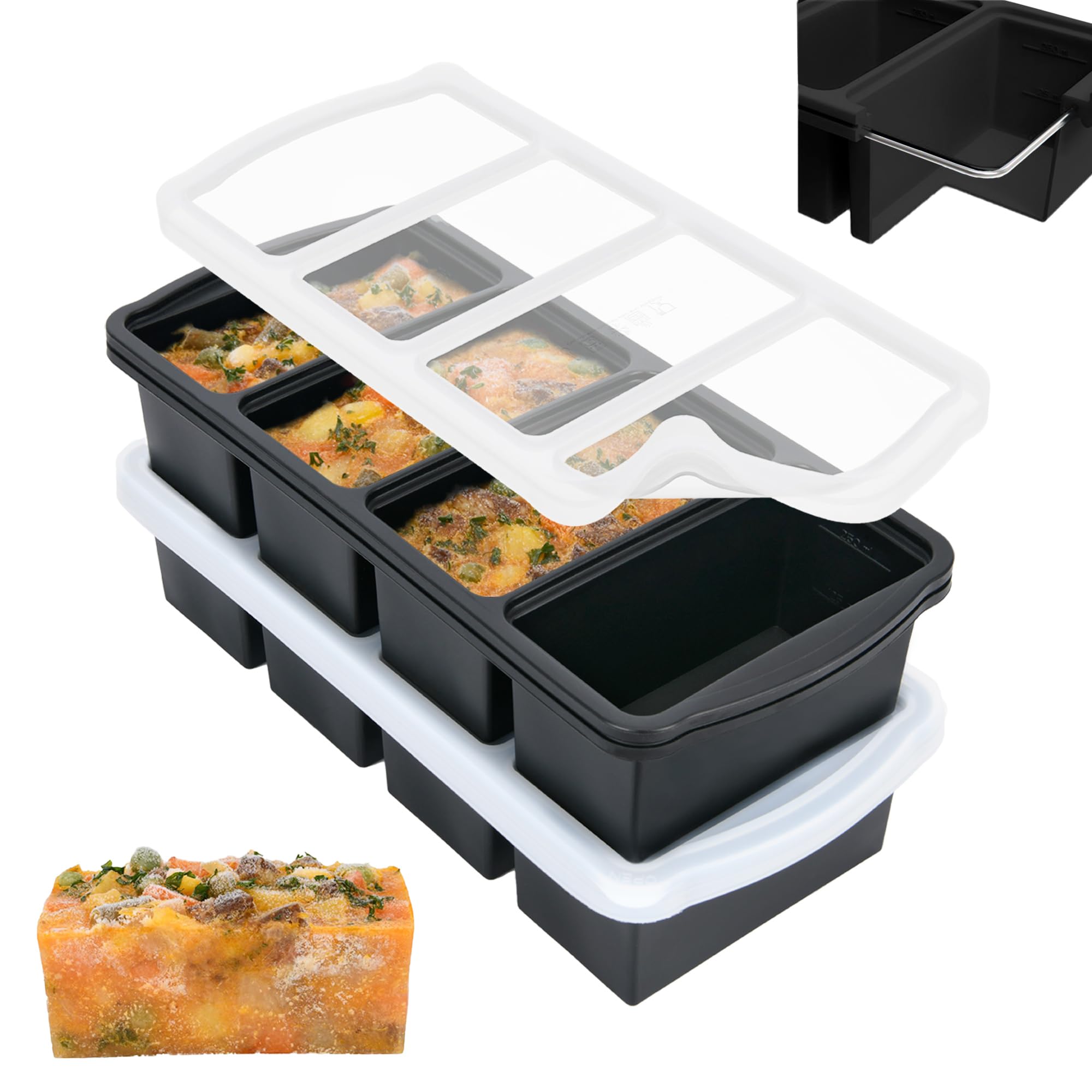 ZIP STANDING Silicone Freezer Trays with Lid,1-cup Soup Freezer Container large Ice Cube Molds with Reinforced Steel Ring Top for freezing Soup Sauce Broth Leftovers oven Dishwasher -Safe(2-Pack)