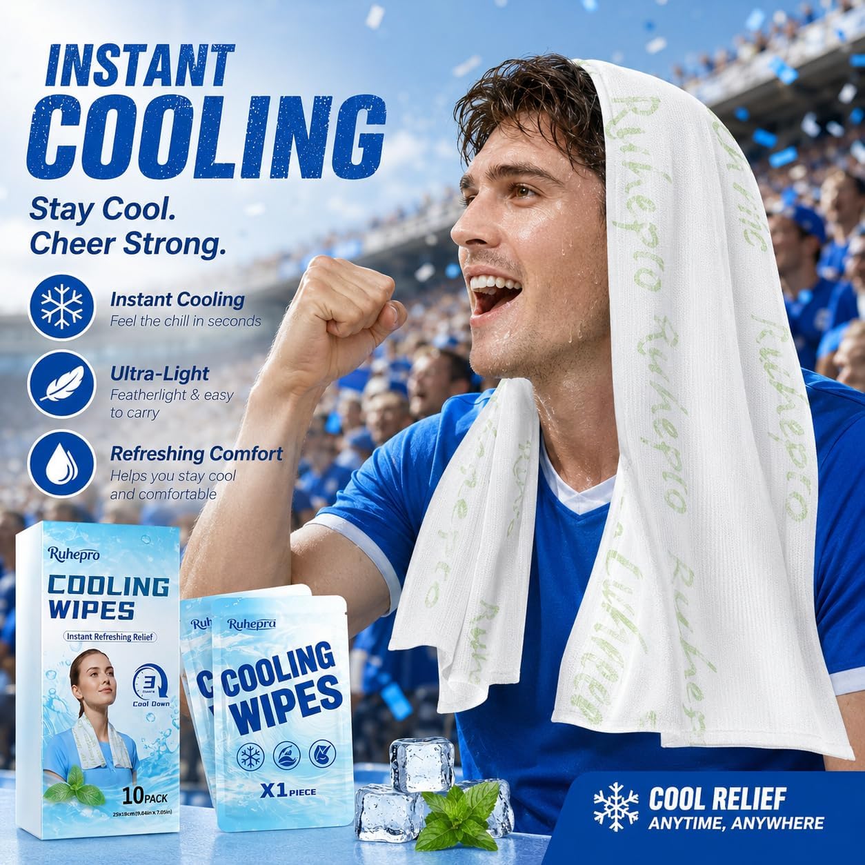 10PCS Instant Cooling Towels ，Cooling Wipes with Refreshing Mint Scent, Cold Camping Towel, Long-Lasting 3-Hour Chill, Lightweight & Portable for Gym, Hiking, Golf, Concerts, and Outdoor Sports