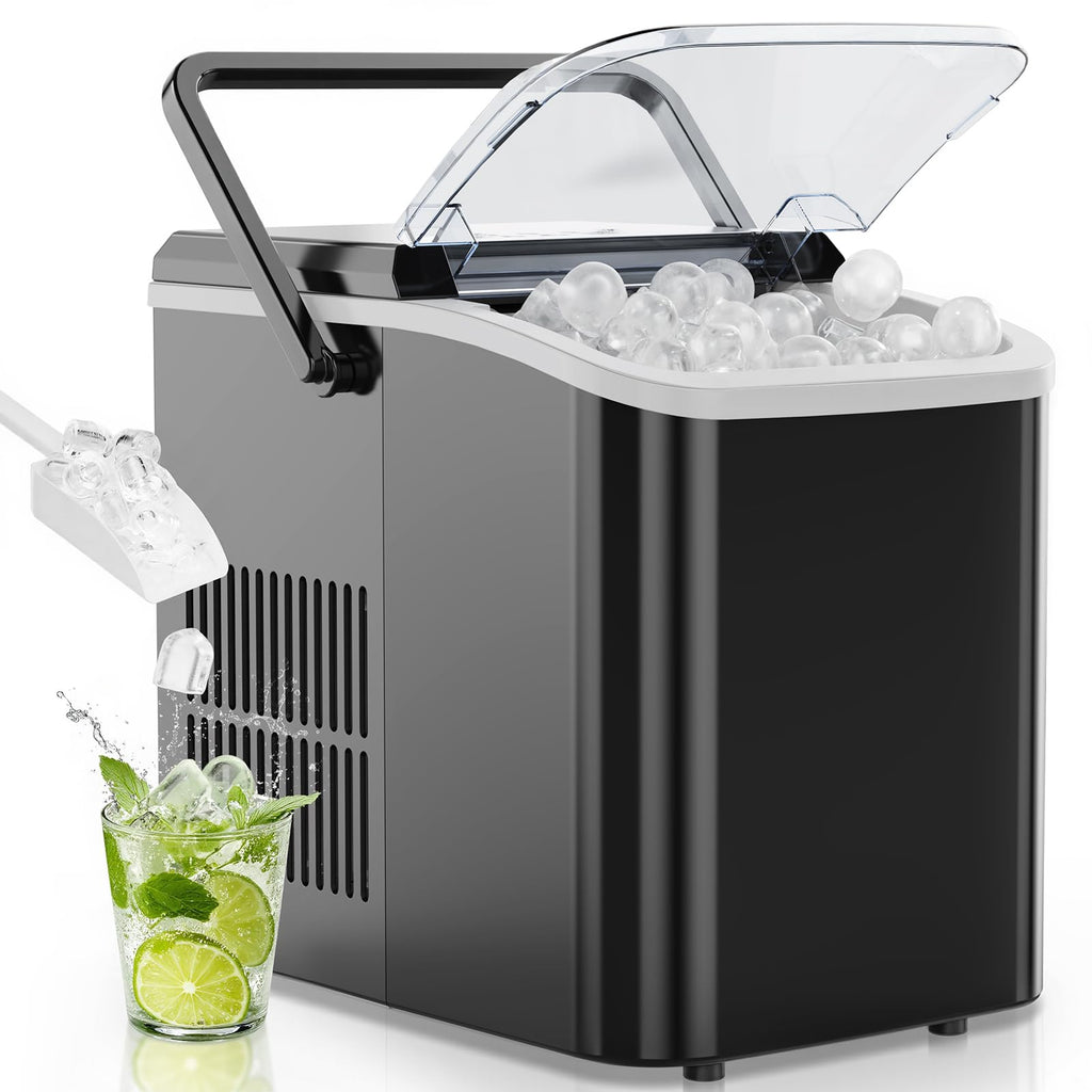 OLIXIS Countertop Ice Maker Machine with Handle, Auto-Cleaning Portable Ice Maker with Basket & Scoop, 26lbs in 24Hrs & 9 Cubes in 6 Mins, 2 Cube Sizes, for Home Party Camping RV, Black