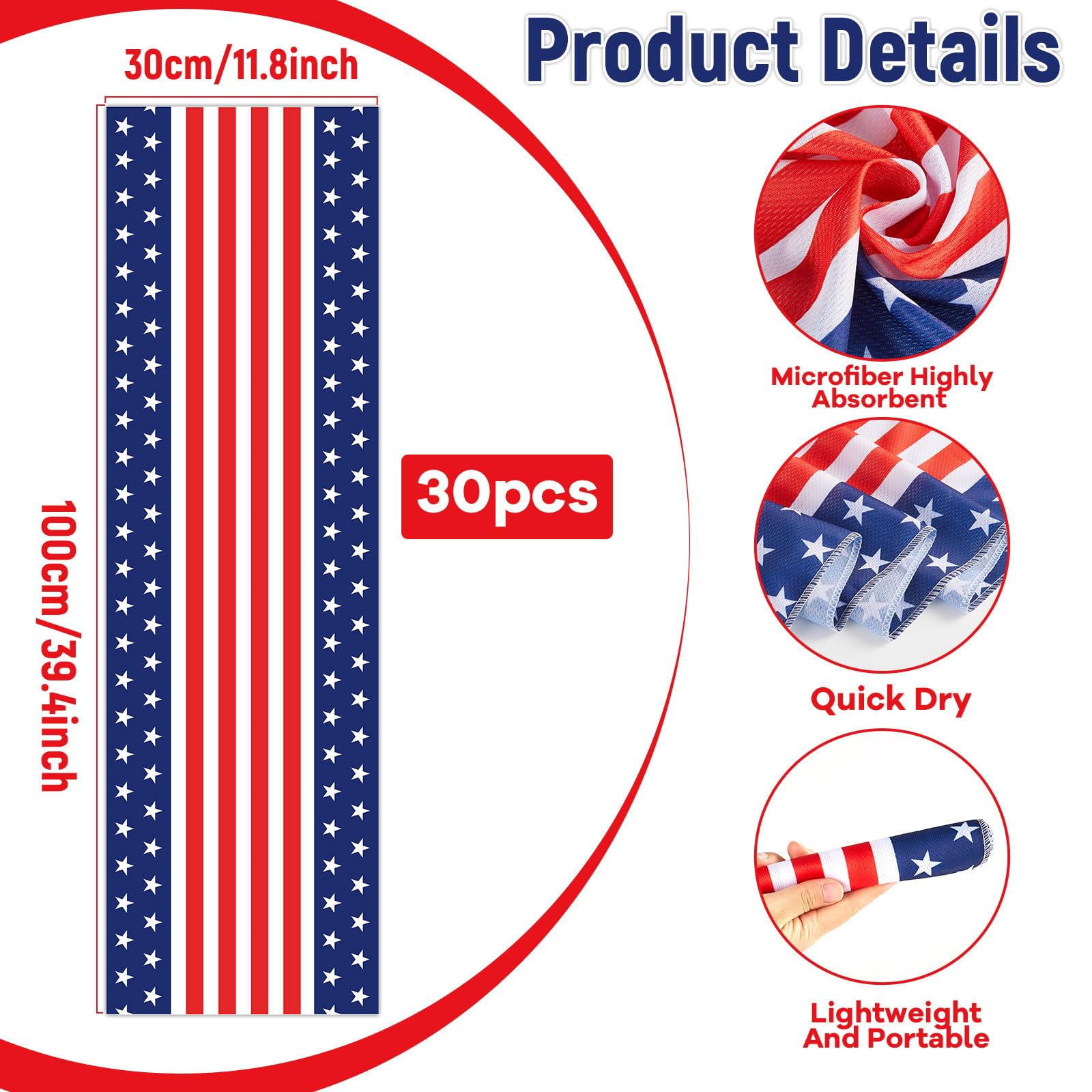 30Pcs 250th Anniversary Patriotic Cooling Towels for Neck and Face 40 x 12 Inch American Flag Sports Workout Ice Towel for Sweat Microfiber Breathable Chilly Bulk Neck Wraps for 4th of July Outdoor