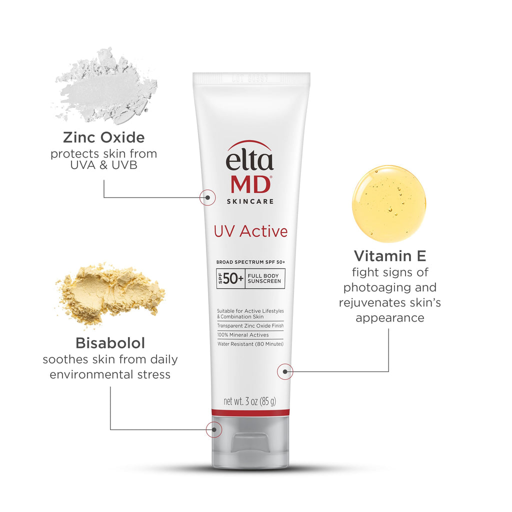 EltaMD UV Active 100% Mineral Sunscreen, SPF 50+ Full Body Sunscreen for Active Lifestyles, Water Resistant Up to 80 Minutes, 3.0 oz Tube