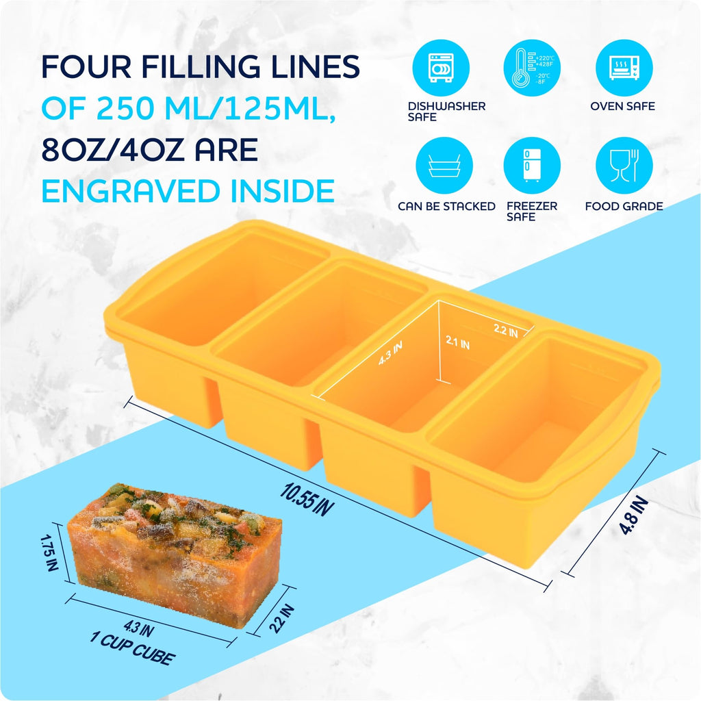 ZIP STANDING Silicone Freezer Trays with Lid,1-cup Soup Freezer Container large Ice Cube Molds with Reinforced Steel Ring Top for freezing Soup Sauce Broth Leftovers oven Dishwasher -Safe(2-Pack)