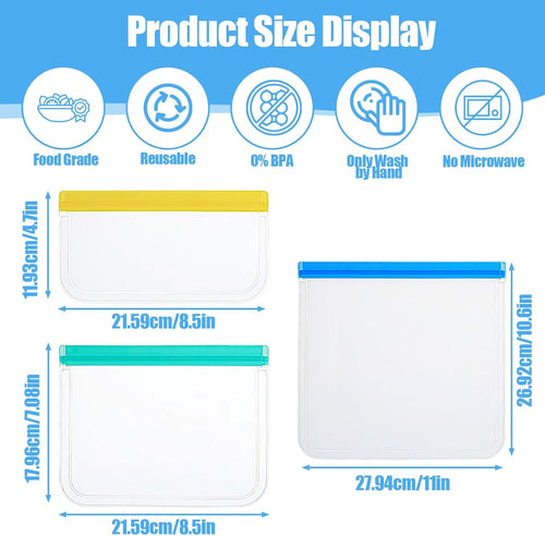 32 Pack Reusable Storage Bags, 3 Sizes Leakproof Food Bags, Dishwasher Safe BPA-Free Sandwich Snack Gallon Bag for Milk Bread Fruit Vegetable Meat Cookie, 3 Colors