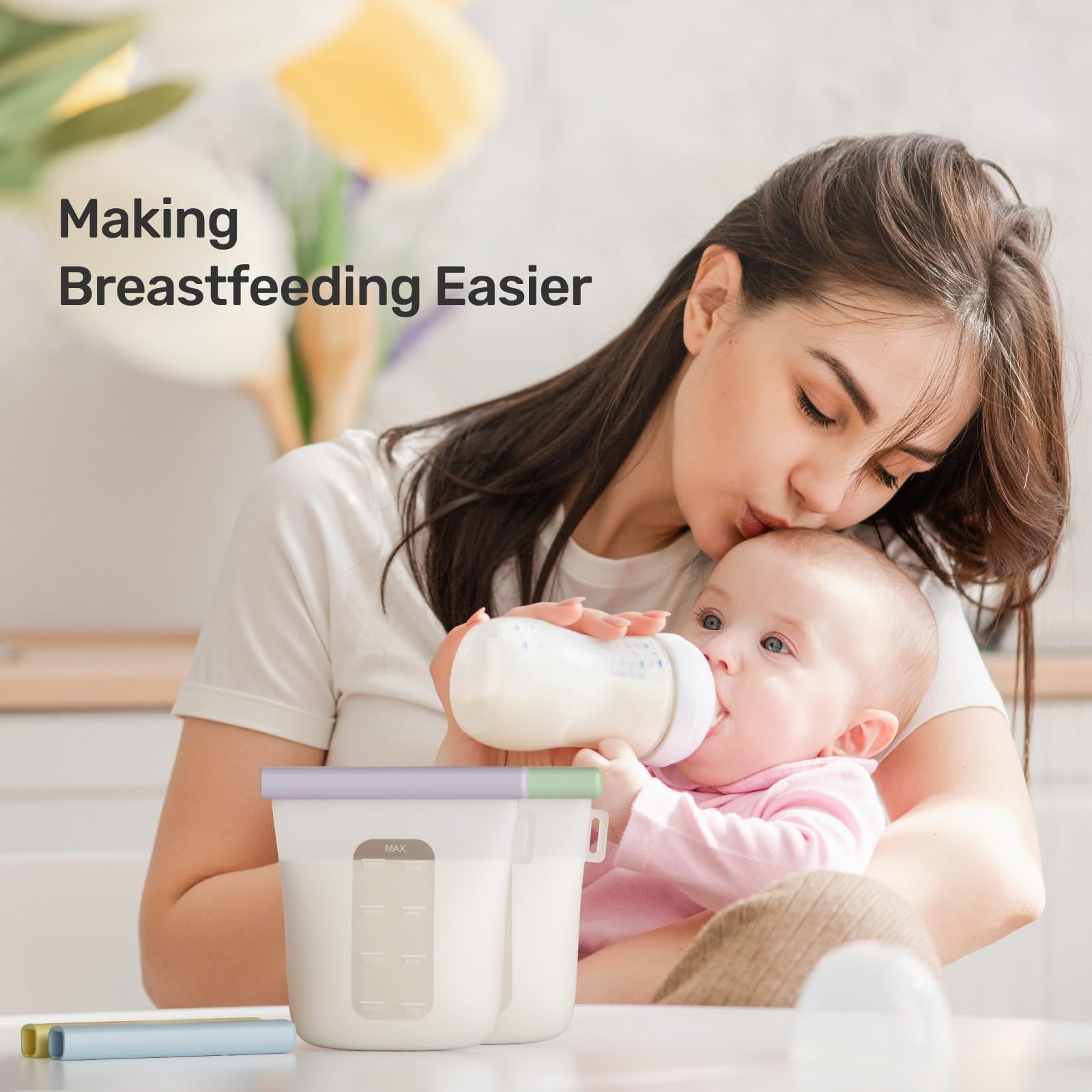 Nuliie 7 Pcs Silicone Breastmilk Storage Bags Reusable, 8oz/240ml Double Leak-Proof Breastmilk Freezer Bags, BPA Free Self-Standing Milk Bags for Breastfeeding, Baby Food Pouches