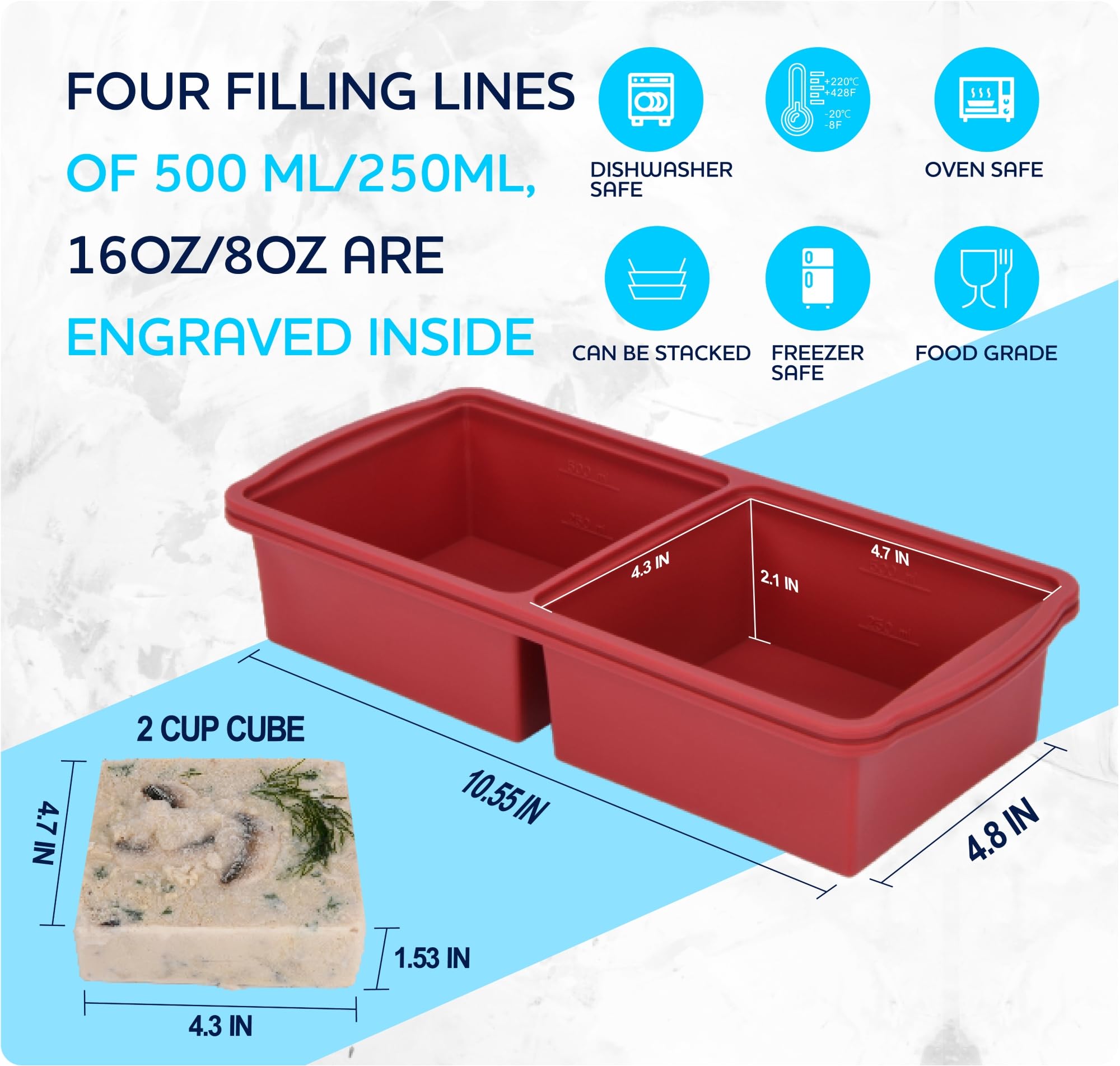 ZIP STANDING Silicone Freezer Trays with Lid,1-cup Soup Freezer Container large Ice Cube Molds with Reinforced Steel Ring Top for freezing Soup Sauce Broth Leftovers oven Dishwasher -Safe(2-Pack)