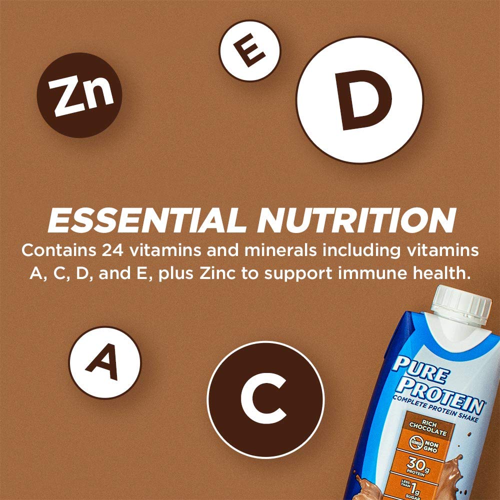 Pure Protein Chocolate Protein Shake | 30g Complete Protein | Ready to Drink and Keto-Friendly | Vitamins A, C, D, and E plus Zinc to Support Immune Health | 11 Fl Oz (Pack of 4)