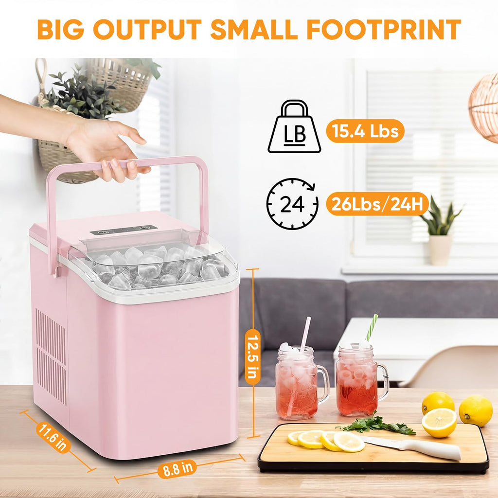 NEWBULIG Ice Makers Countertop with Handle, Portable Ice Machine, 9 Bullet Ice Cubes in 6 Mins, 26lbs in 24Hrs, Auto-Cleaning, with Basket and Scoop, for Home, Kitchen, RV, Camping,Black