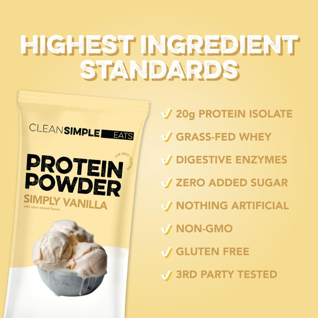 Clean Simple Eats Whey Isolate Protein Powder, Variety Pack, Naturally Sweetened, Zero Added Sugar, 20g 100% GrassFed Protein Powder with Digestive Enzymes, GlutenFree, Non GMO, 10 Single Serve Pack