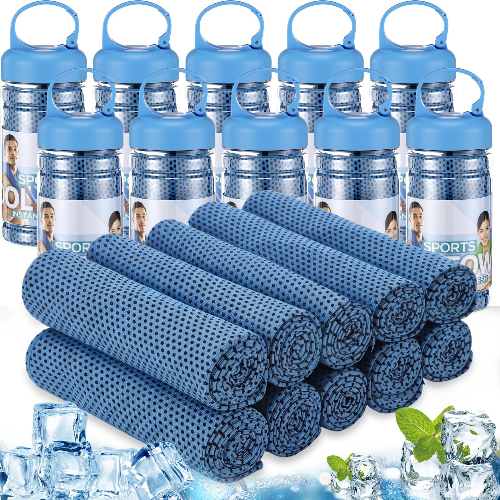 Honoson 10 Pcs Cooling Towels for Neck and Face, 47"x12" Sports Breathable Ice Towels Microfiber Chilly Sweat Rags with Portable Bottle for Gym Golf Athletes Yoga Workout Hot Weather (Mixed Colors)