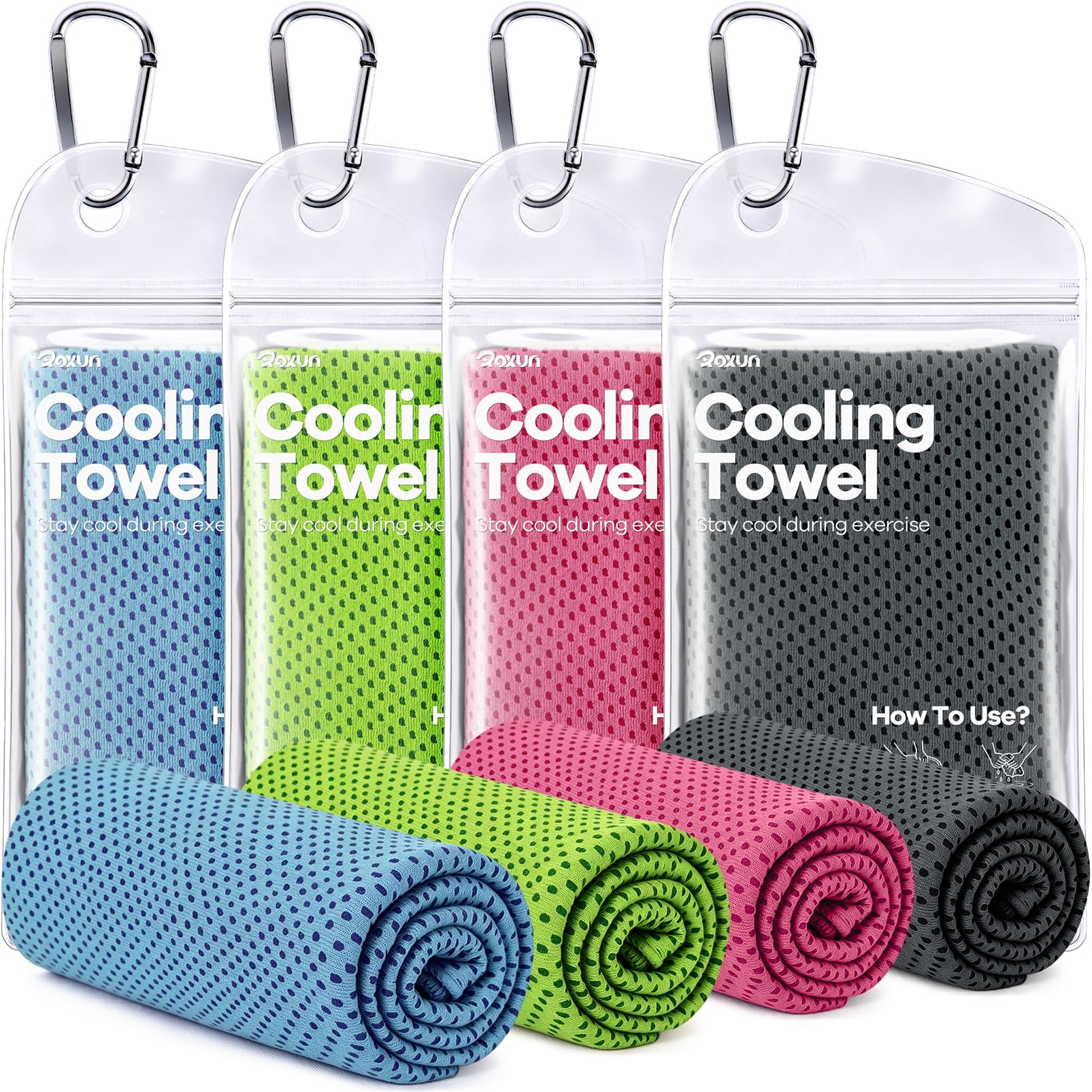 ROXUN Cooling Towels, 4 Pack (40''x12'') Chilly Ice Rags for Neck and Face | Gray+Blue+Green+Black, Soft Breathable, Sports and Outdoor Workouts, Comes with Storage Bags & Carabiners