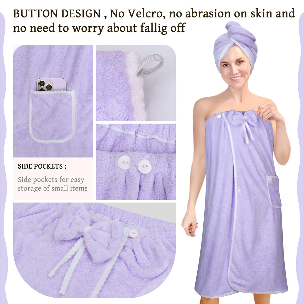 Towel Wrap Women Shower Robe Adjustable Closure Bathrobe with Hair Drying Towel & Spa Wraps