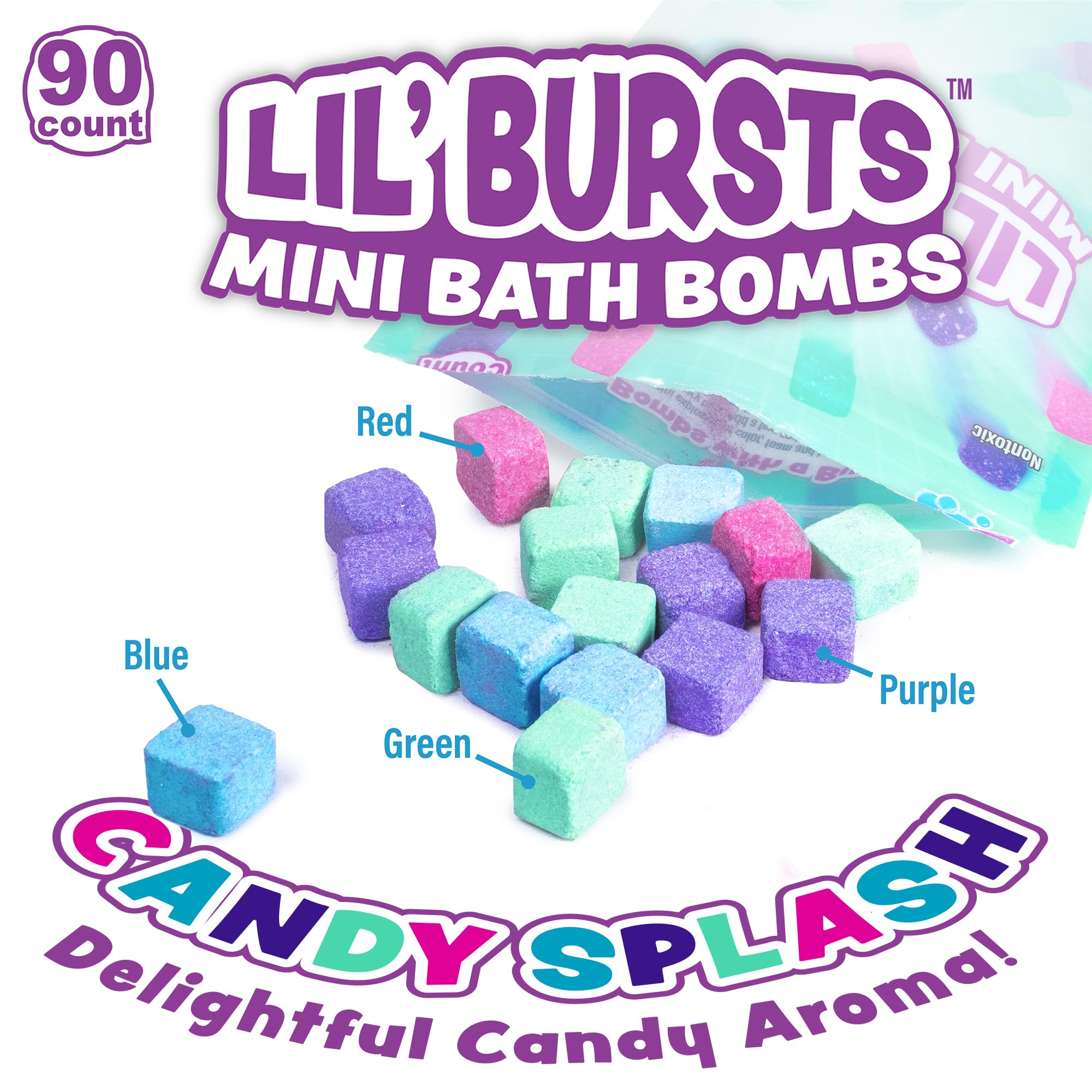 Tub Works® Lil' Bursts™ Mini Bath Bombs for Kids, 90 Count, Cosmic | Nontoxic | Tiny Kids Bath Bombs with A Burst of Color, Foam & Bubbles | Customize Kids Bath with Fun Bath Colors | Create Tub Art