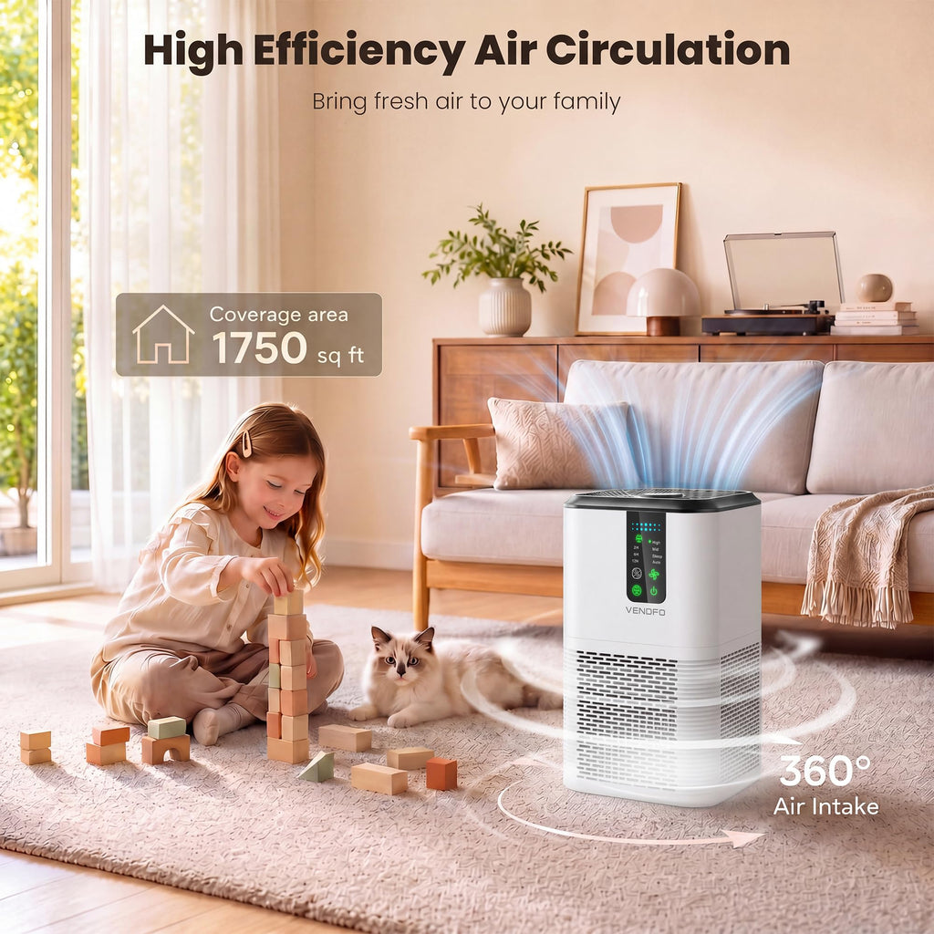 Air Purifiers for Home Large Room Up to 1750ft², Vendfo H13 HEPA Air Purifier for Bedroom with Auto Air Quality Monitor, Air Cleaner with Fragrance for Smoke Dust Pollen Pets Hair Odor, White Black