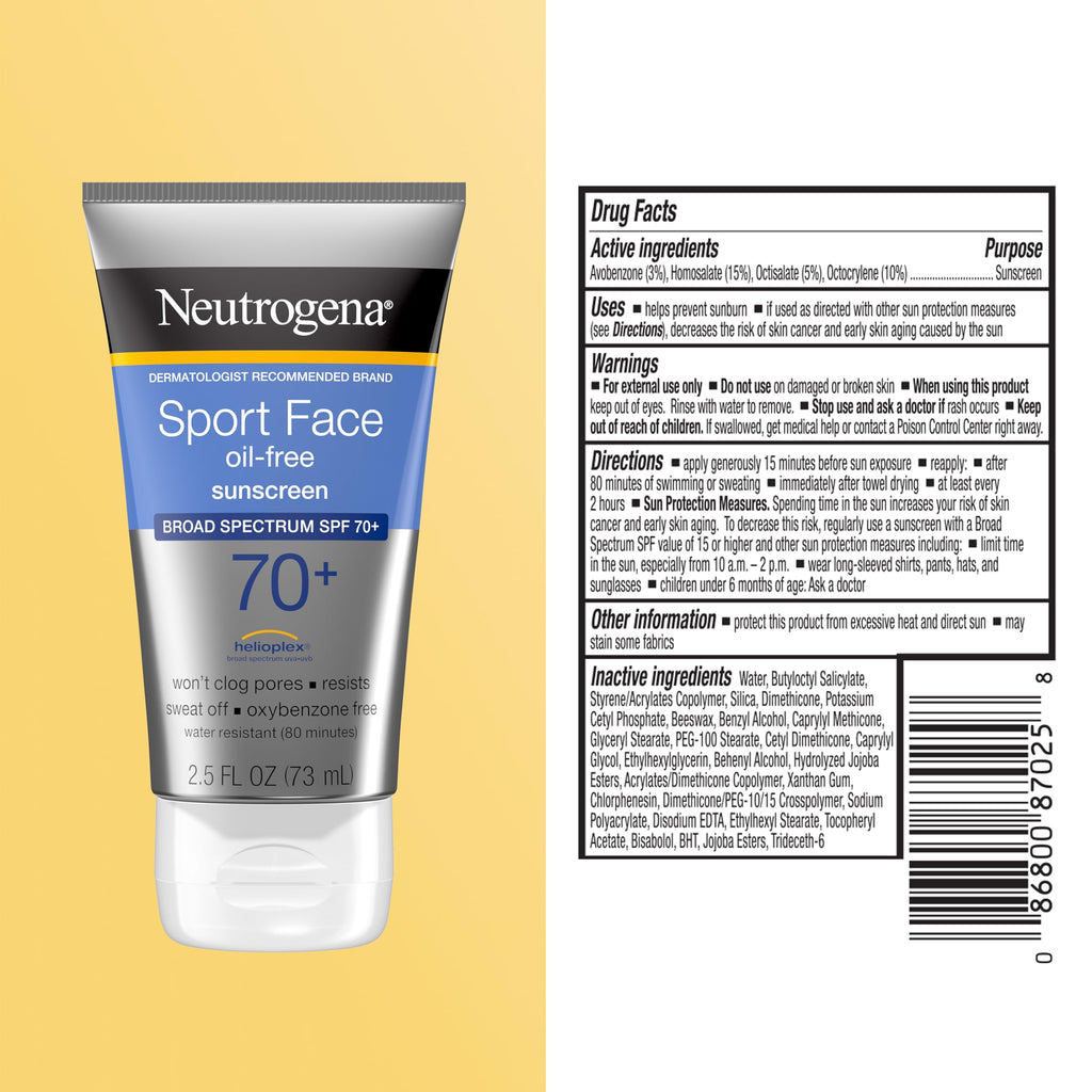 Neutrogena, Sport Face Sunscreen SPF 70+, Oil-Free, Sweat and Water-Resistant, Broad-Spectrum UVA/UVB, 2.5 Fl Oz