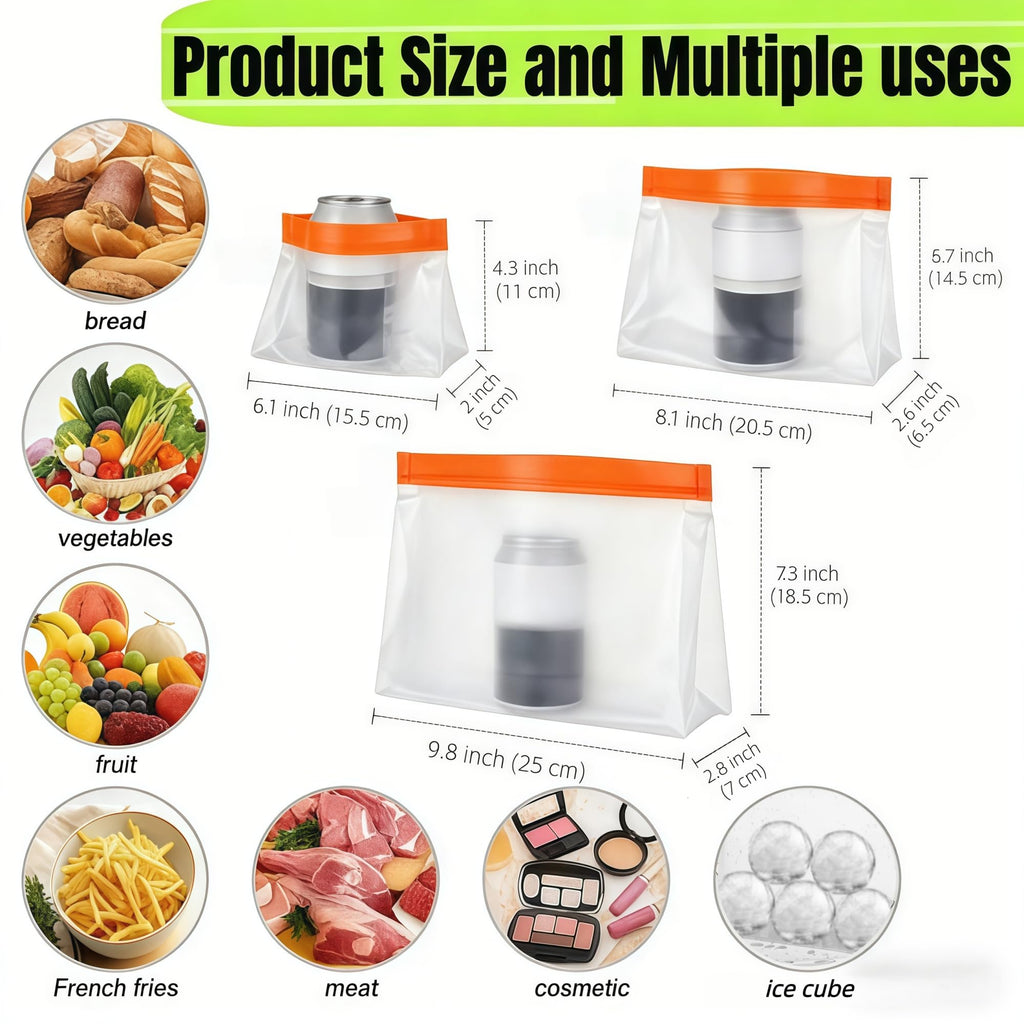 PABCK 9 Pcs Reusable Silicone Produce Freezer Bags Self Seal Green 3S+3M+3L | Stand Up Freezer Food Storage Bags Leakproof Resealable Bag for Sandwich Smell Proof Fridge Organization for Lunch Travel