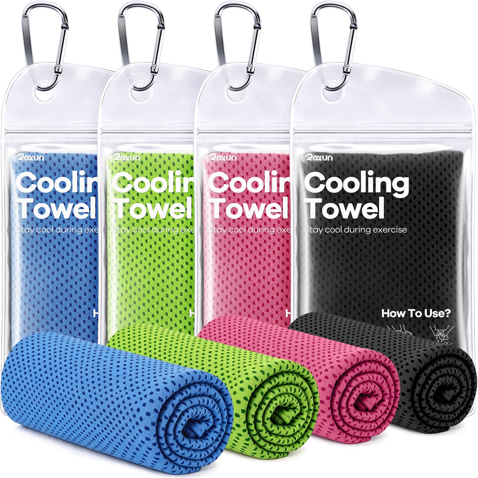 ROXUN Cooling Towels, 4 Pack (40''x12'') Chilly Ice Rags for Neck and Face | Gray+Blue+Green+Black, Soft Breathable, Sports and Outdoor Workouts, Comes with Storage Bags & Carabiners