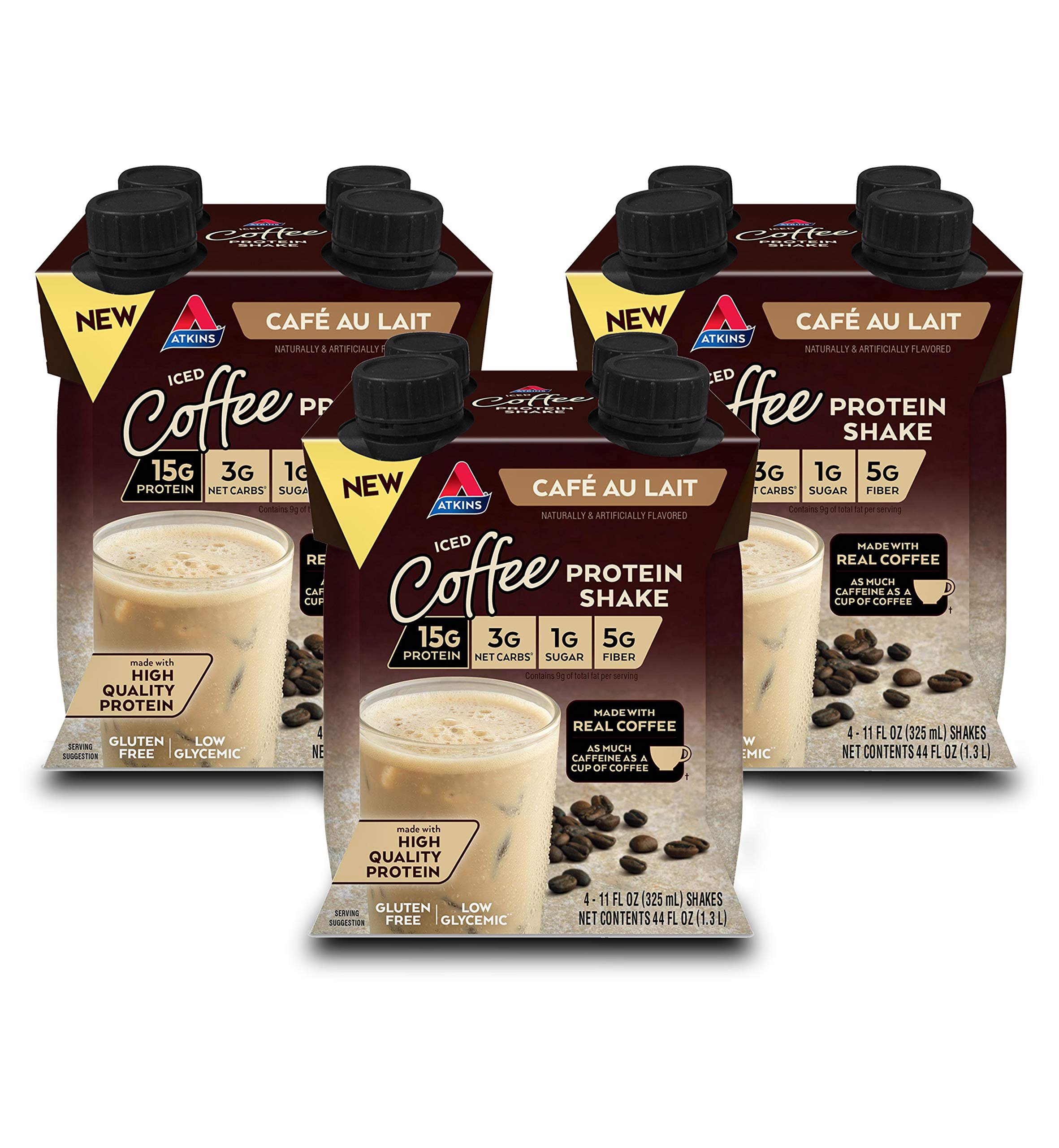Atkins Coffee Lovers Protein Shake Variety Pack, Mocha Latte, Café Caramel and Café au Lait Flavored Protein Shakes, 15g Protein, 3g Fiber, GLP-1 Friendly, 12 Count