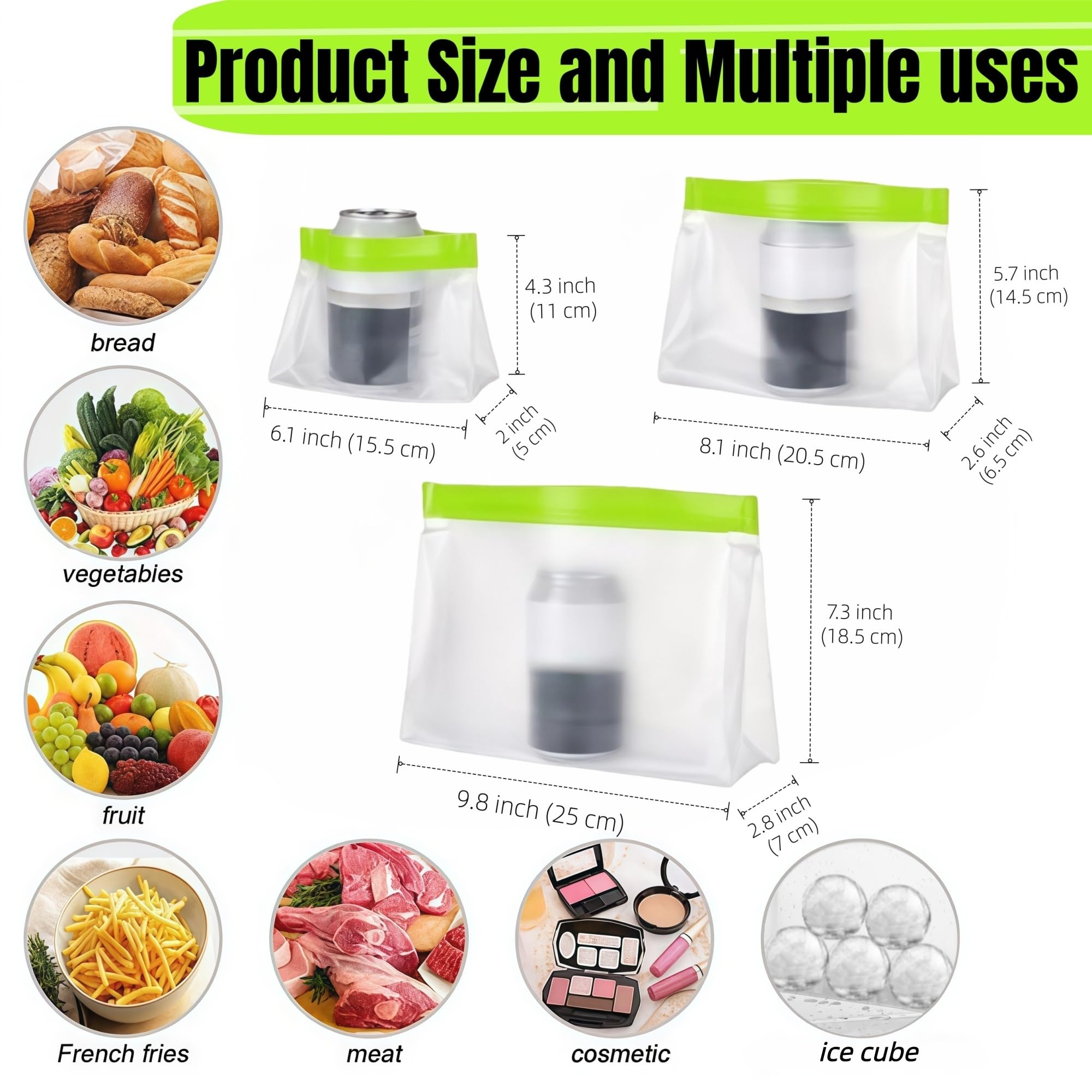 PABCK 9 Pcs Reusable Silicone Produce Freezer Bags Self Seal Green 3S+3M+3L | Stand Up Freezer Food Storage Bags Leakproof Resealable Bag for Sandwich Smell Proof Fridge Organization for Lunch Travel