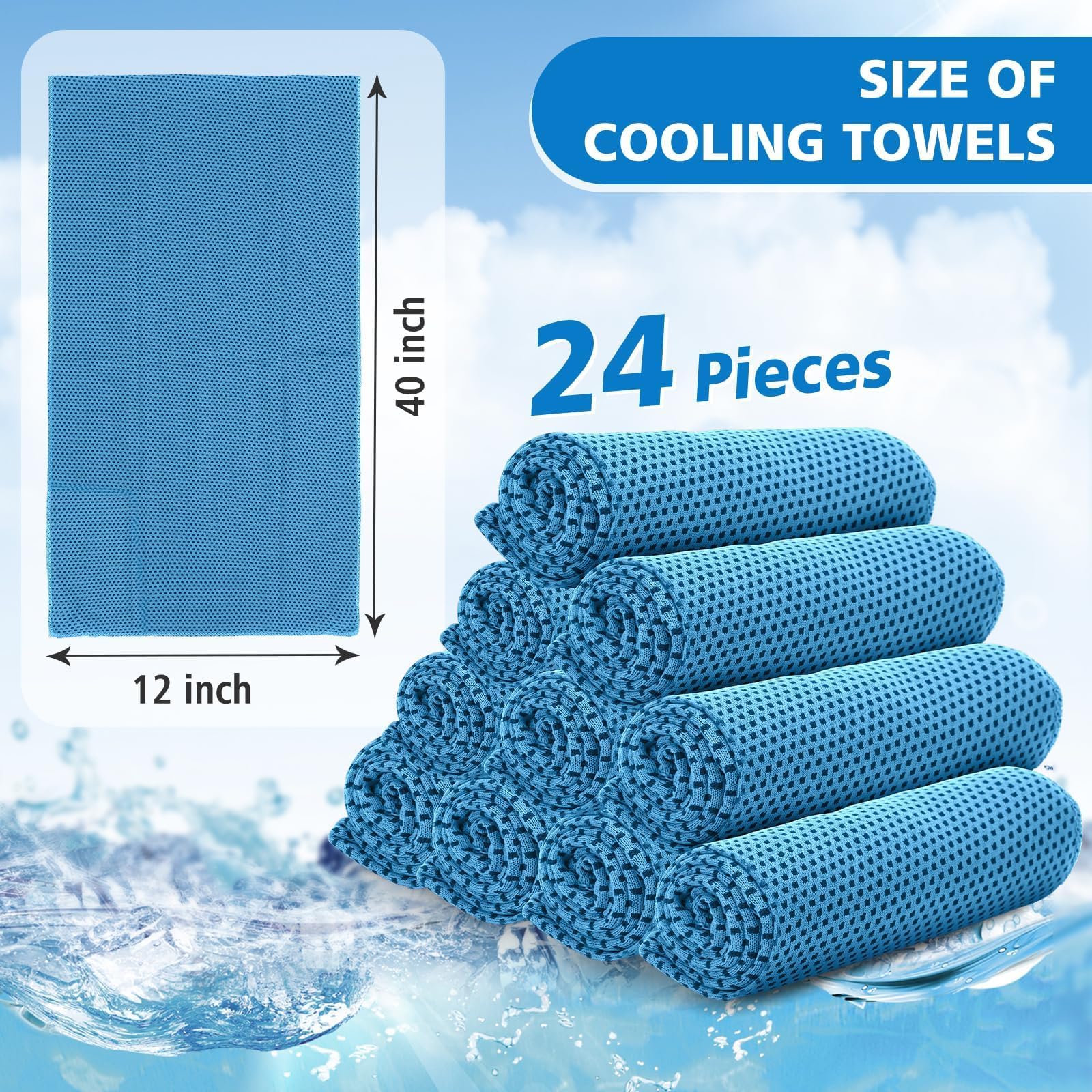24 Pack Cooling Towels Bulk for Neck and Face 40"x12" Ice Cooling Sweat Rags Microfiber Soft Breathable Soft Chilly Towel for Yoga Golf Sport Running