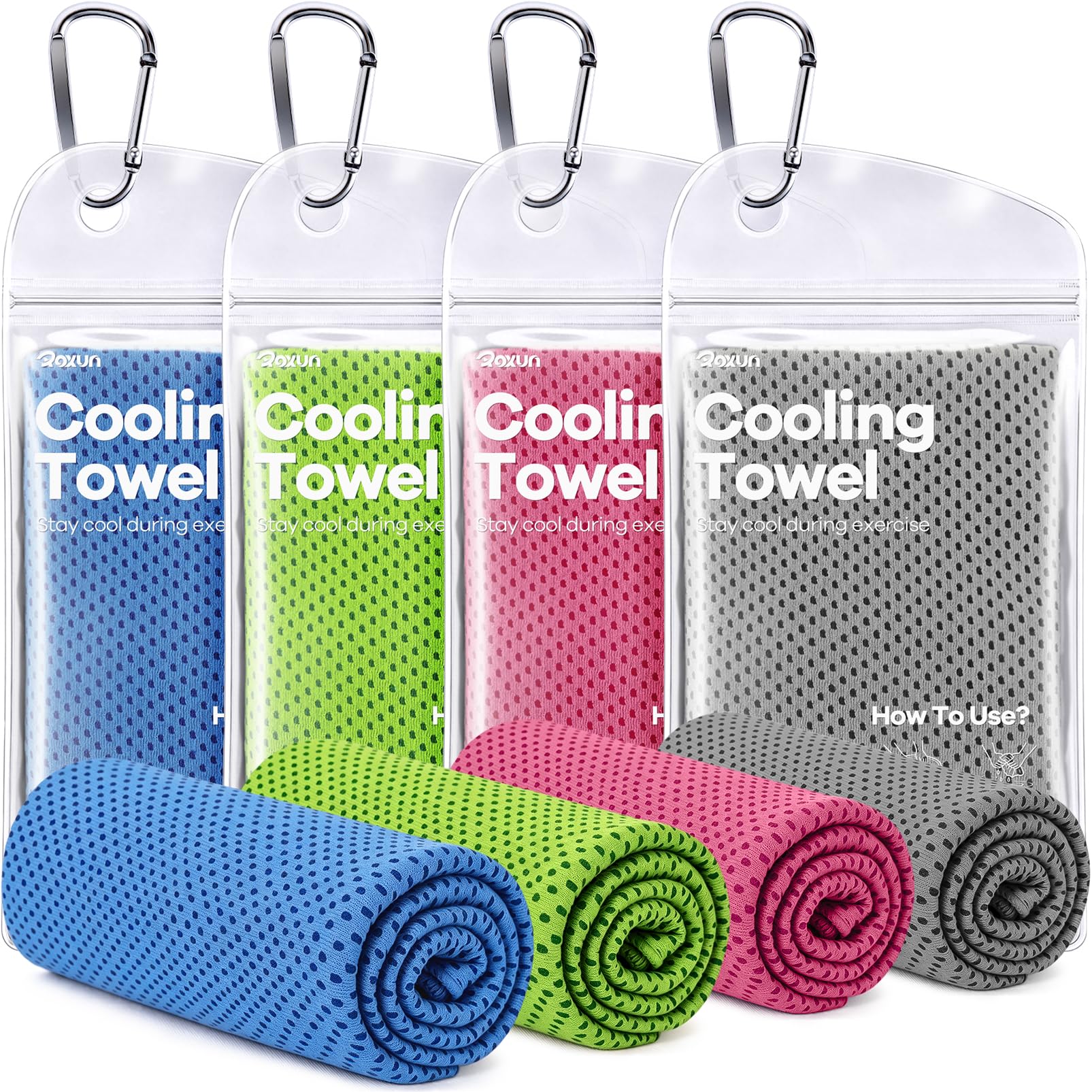 ROXUN Cooling Towels, 4 Pack (40''x12'') Chilly Ice Rags for Neck and Face | Gray+Blue+Green+Black, Soft Breathable, Sports and Outdoor Workouts, Comes with Storage Bags & Carabiners