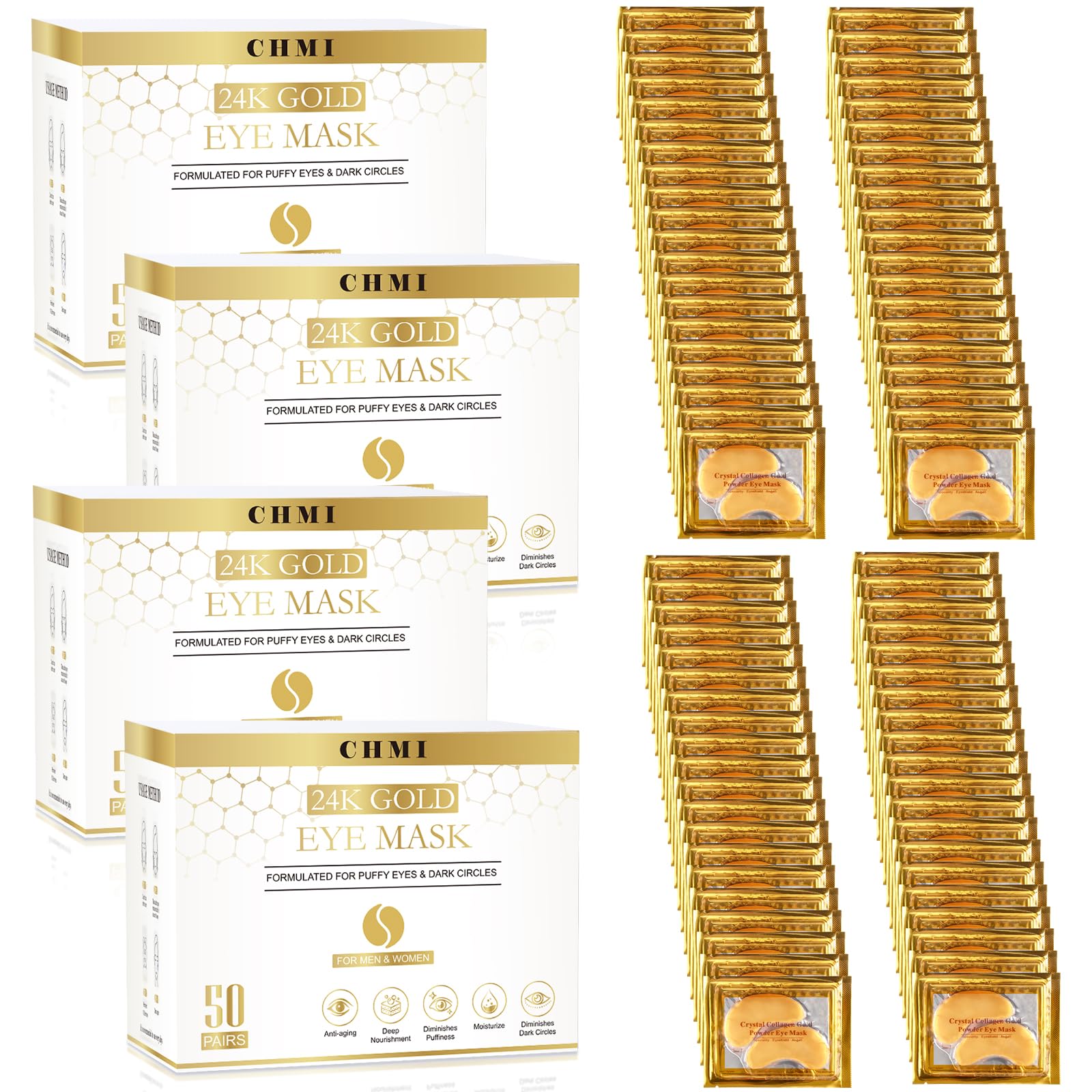 CHMI Under Eye Patches (50 Pairs) - 24K Gold Eye Patches for Puffy Eyes, Dark Circles, EyeBags and Wrinkles, Collagen Skin Care Products, Beauty & Personal Care