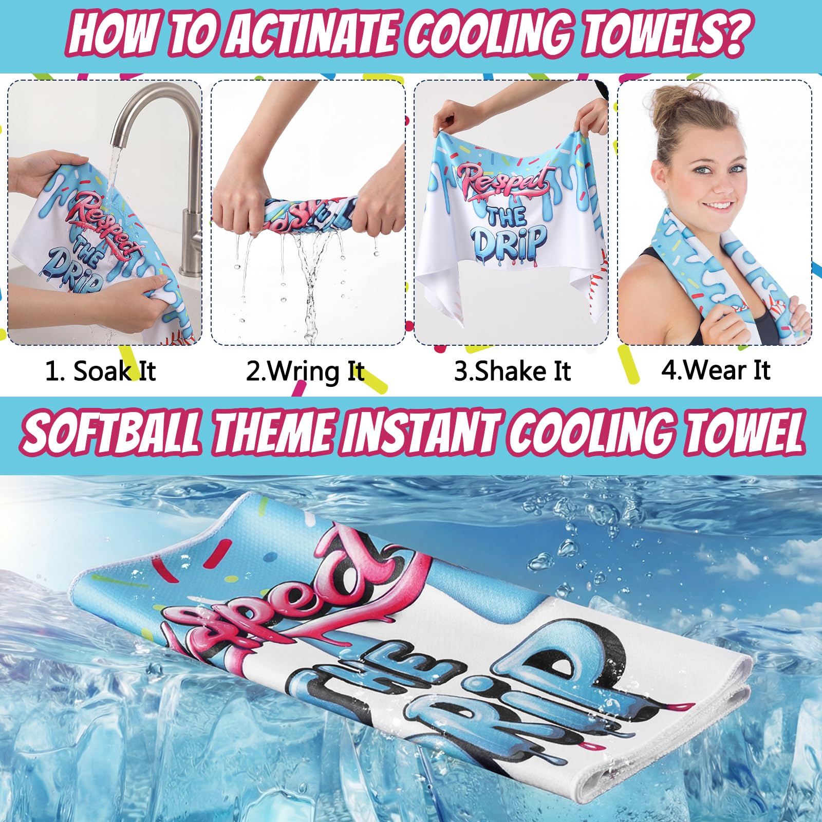 Tegeme 12 Counts Baseball Ice Cream Cooling Towels 40"x12" Sports Breathable Chilly Ice Fast Drying Towel Cool Training Sweat Rag for Coach Sport Party Favors Team Gift