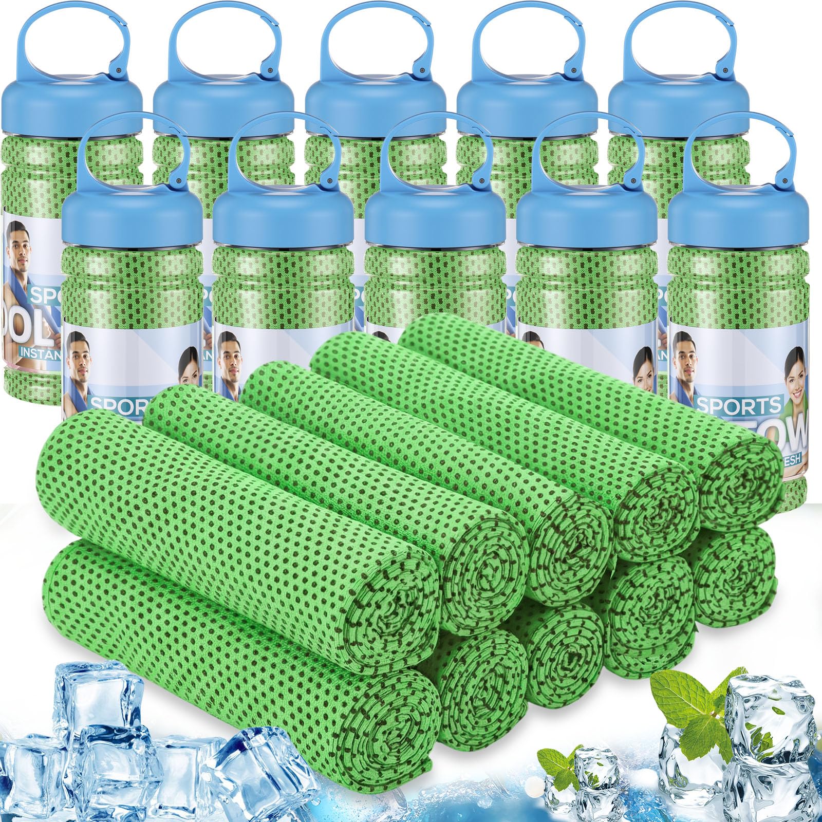 Honoson 10 Pcs Cooling Towels for Neck and Face, 47"x12" Sports Breathable Ice Towels Microfiber Chilly Sweat Rags with Portable Bottle for Gym Golf Athletes Yoga Workout Hot Weather (Mixed Colors)