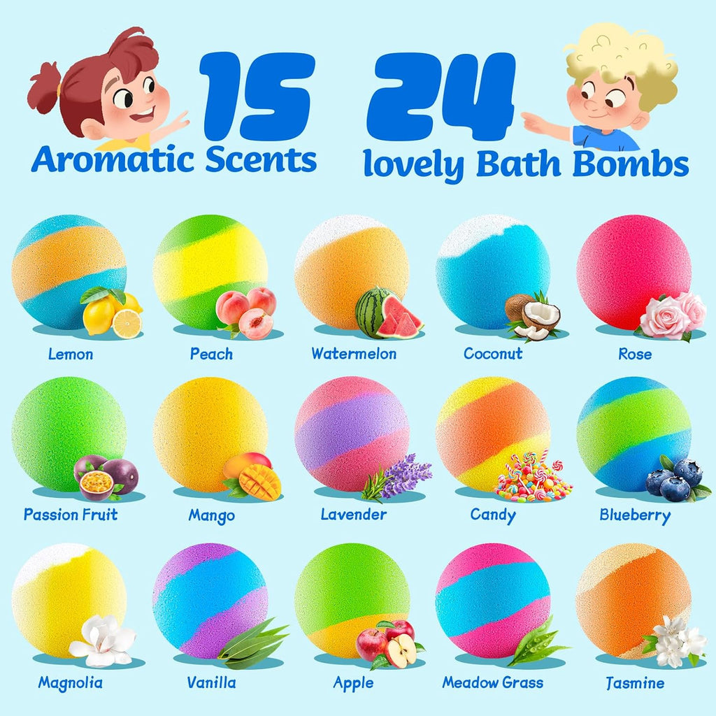 24 Pack Puppy Bath Bombs for Kids - Each with Surprise Dog Figurine Inside, 15 Scents, Bath Bombs with Toys, Skin-Friendly, Birthday Party Favors & Stocking Stuffers for Boys & Girls
