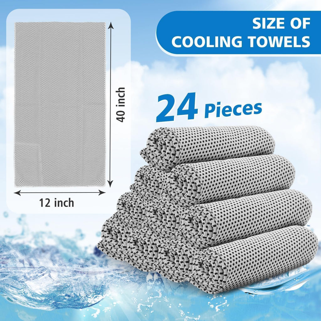 24 Pack Cooling Towels Bulk for Neck and Face 40"x12" Ice Cooling Sweat Rags Microfiber Soft Breathable Soft Chilly Towel for Yoga Golf Sport Running