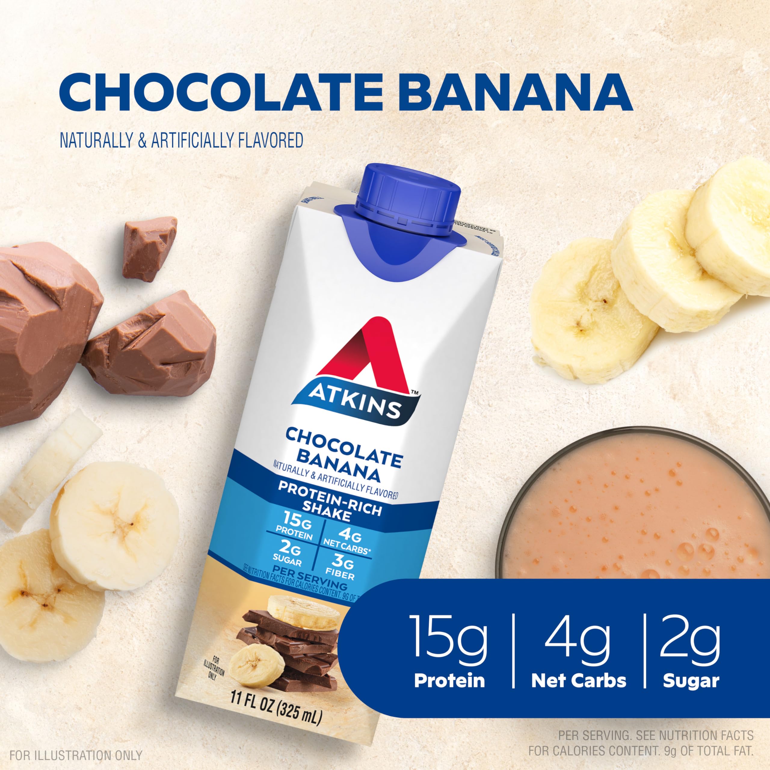 Atkins Chocolate Banana Protein-Rich Shake. With B Vitamins and Protein. Made with Real Fruit. Keto-Friendly and Gluten Free, 11 Fl Oz (Pack of 12)
