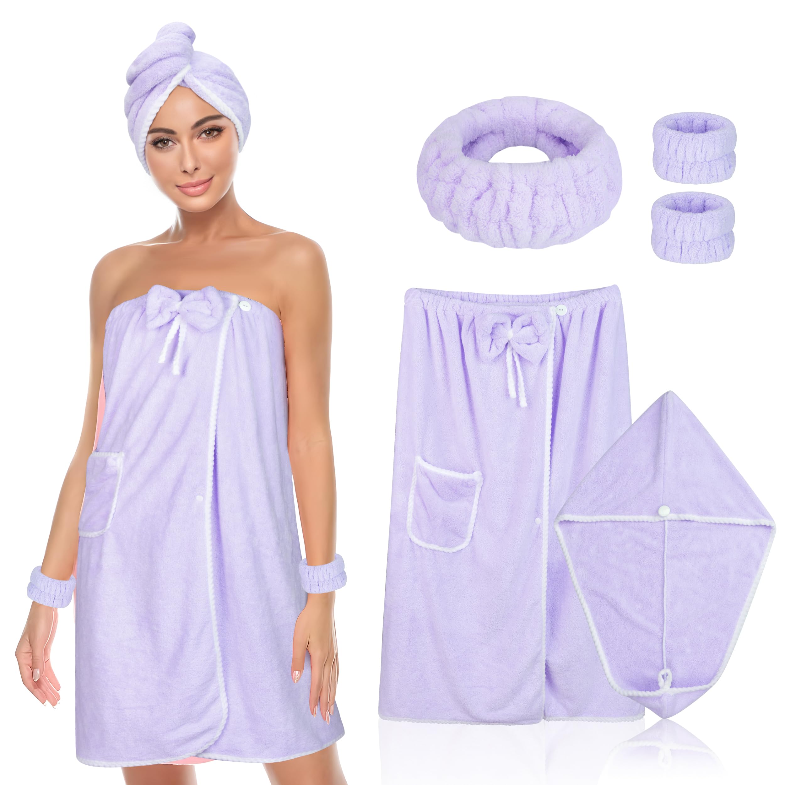 Towel Wrap Women Shower Robe Adjustable Closure Bathrobe with Hair Drying Towel & Spa Wraps
