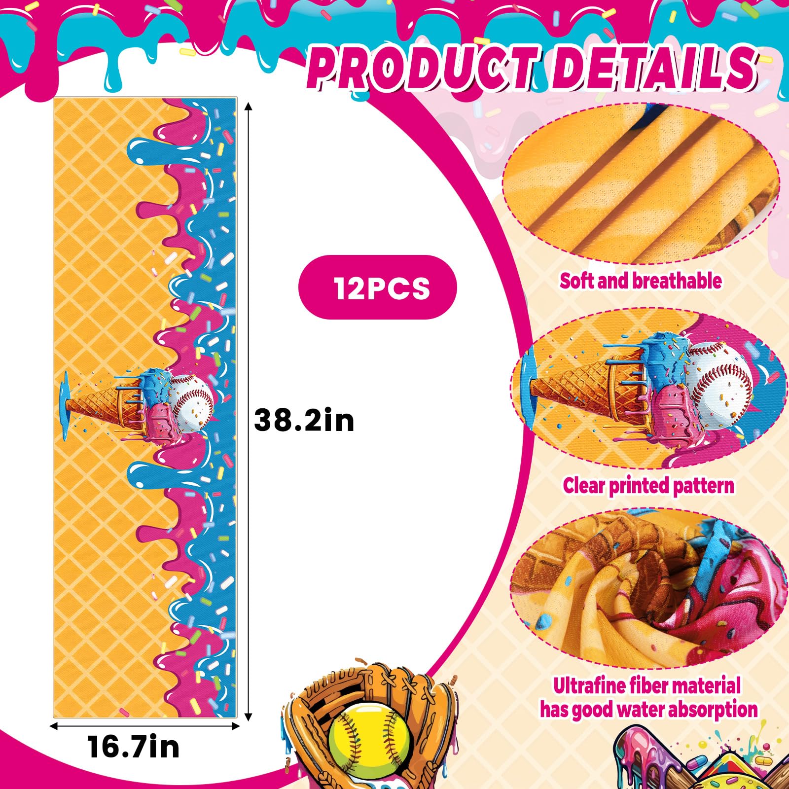 Tegeme 12 Counts Baseball Ice Cream Cooling Towels 40"x12" Sports Breathable Chilly Ice Fast Drying Towel Cool Training Sweat Rag for Coach Sport Party Favors Team Gift